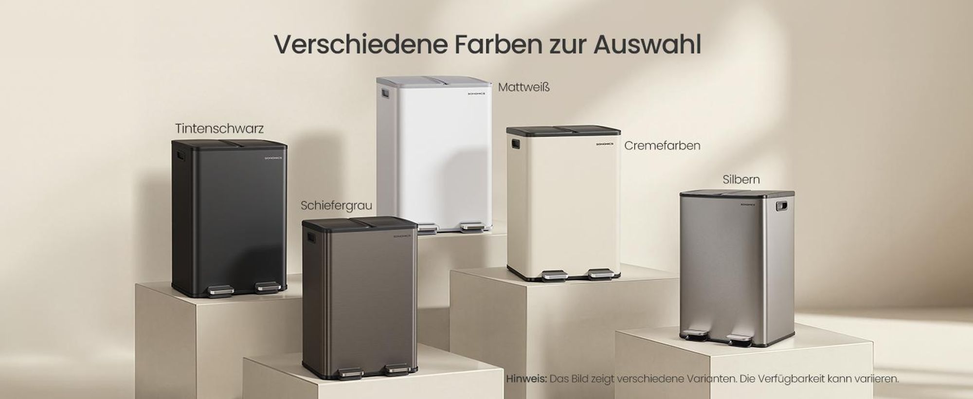 SONGMICS Mülleimer Küche, 2 x 30 Liter, 2 Fächer, Abfalleimer, Tretmülleimer, Softclose-Deckel, Stahl, creme