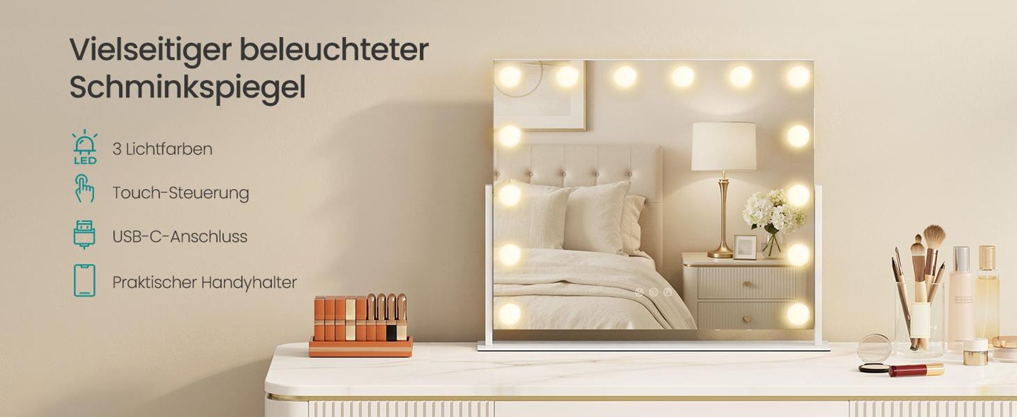SONGMICS Make-up Spiegel mit LED-Beleuchtung, Kosmetikspiegel, Touch-Steuerung, Handyhalter, 3 Lichtfarben, 50 x 42 cm, weiß