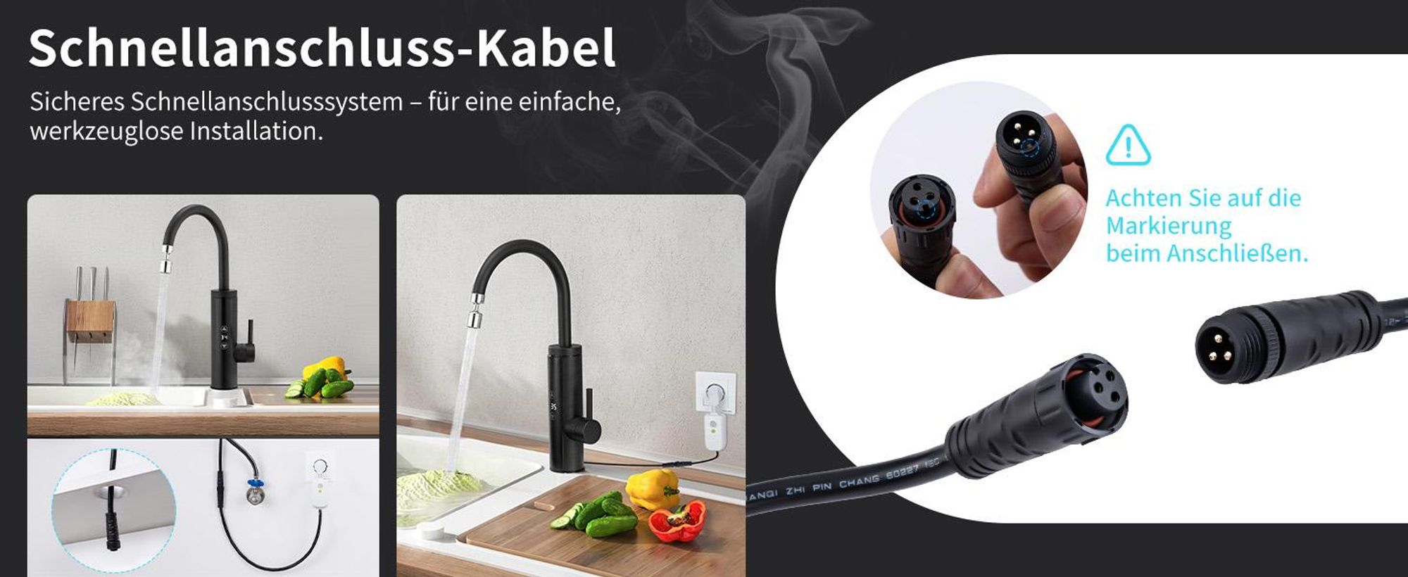 Elektrische Küchenarmatur mit Durchlauferhitzer,  Schwarz Wasserhahn Küche mit LED Temperaturanzeige，Smart Heater Wasserhahn 360° drehbar