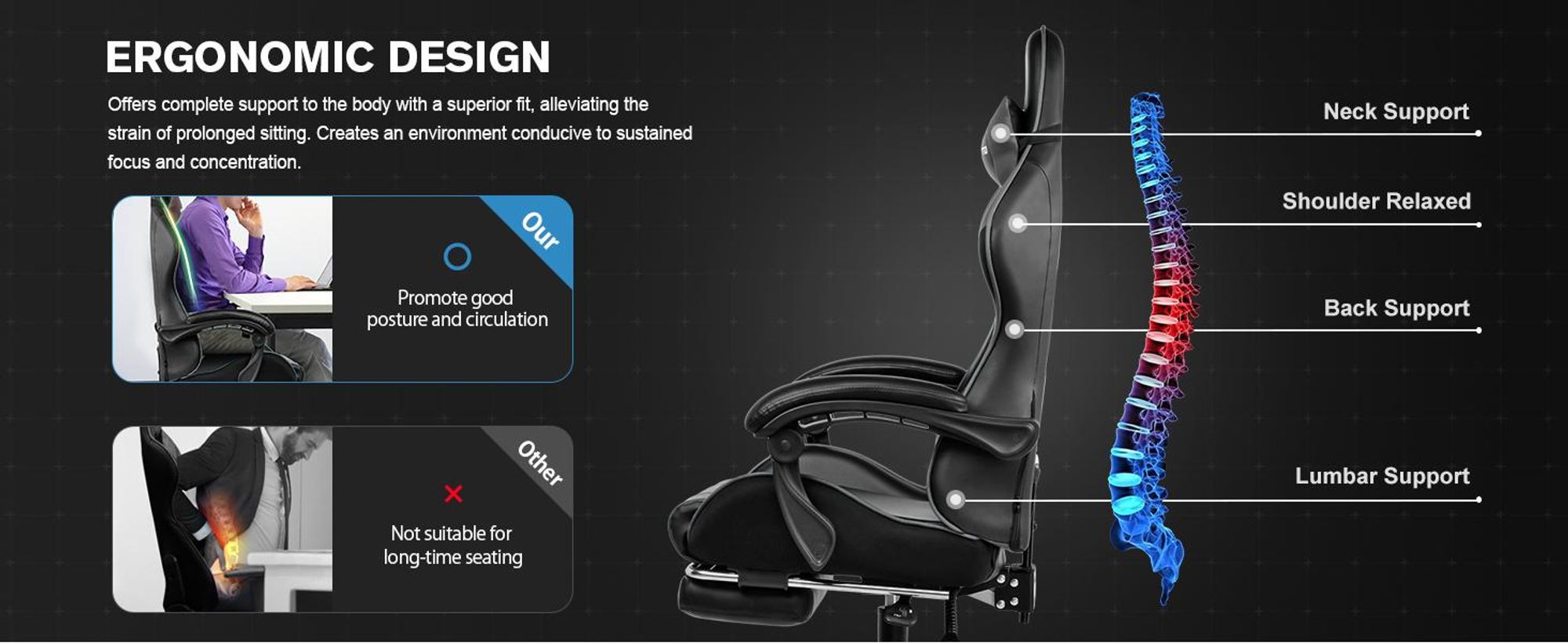 Herní židle GTPLAYER, ergonomická kancelářská židle s masážní funkcí a podnožkou, rám s područkami, ocelová základna, šedá barva