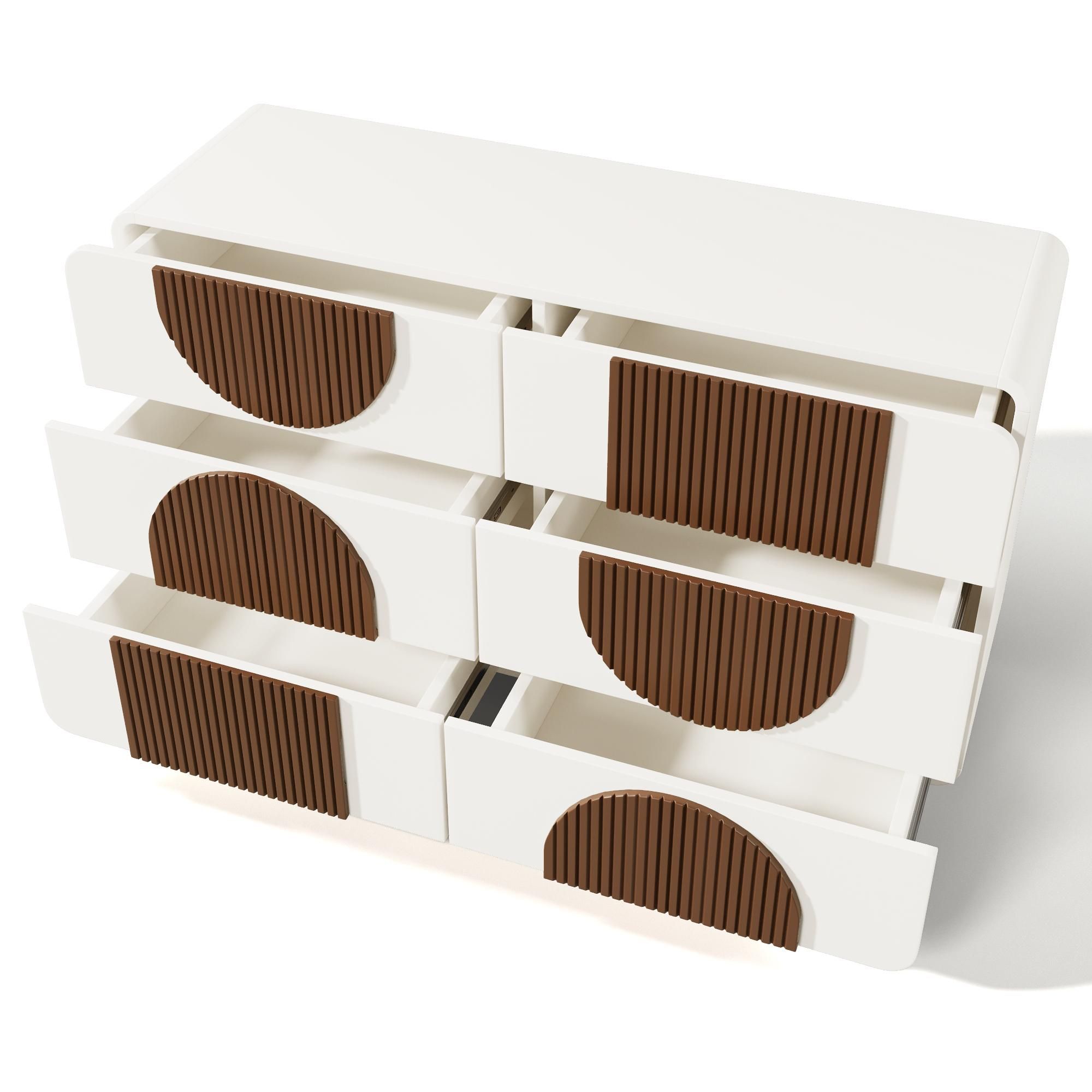 Flieks Kommode Sideboard mit 6 Schubladen, Wohnzimmerschrank Anrichte mit Kippsicherung, Anrichte Beistellschrank 121x41x71 cm, Weiß
