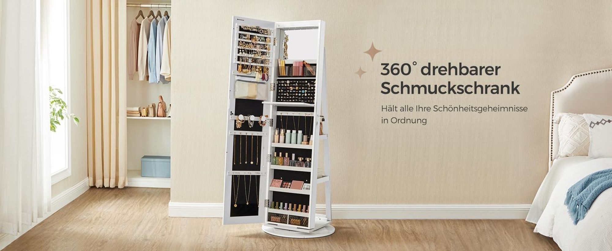 SONGMICS Schmuckschrank mit LED und Spiegel, 3 Ablagen, 360° drehbar, weiß