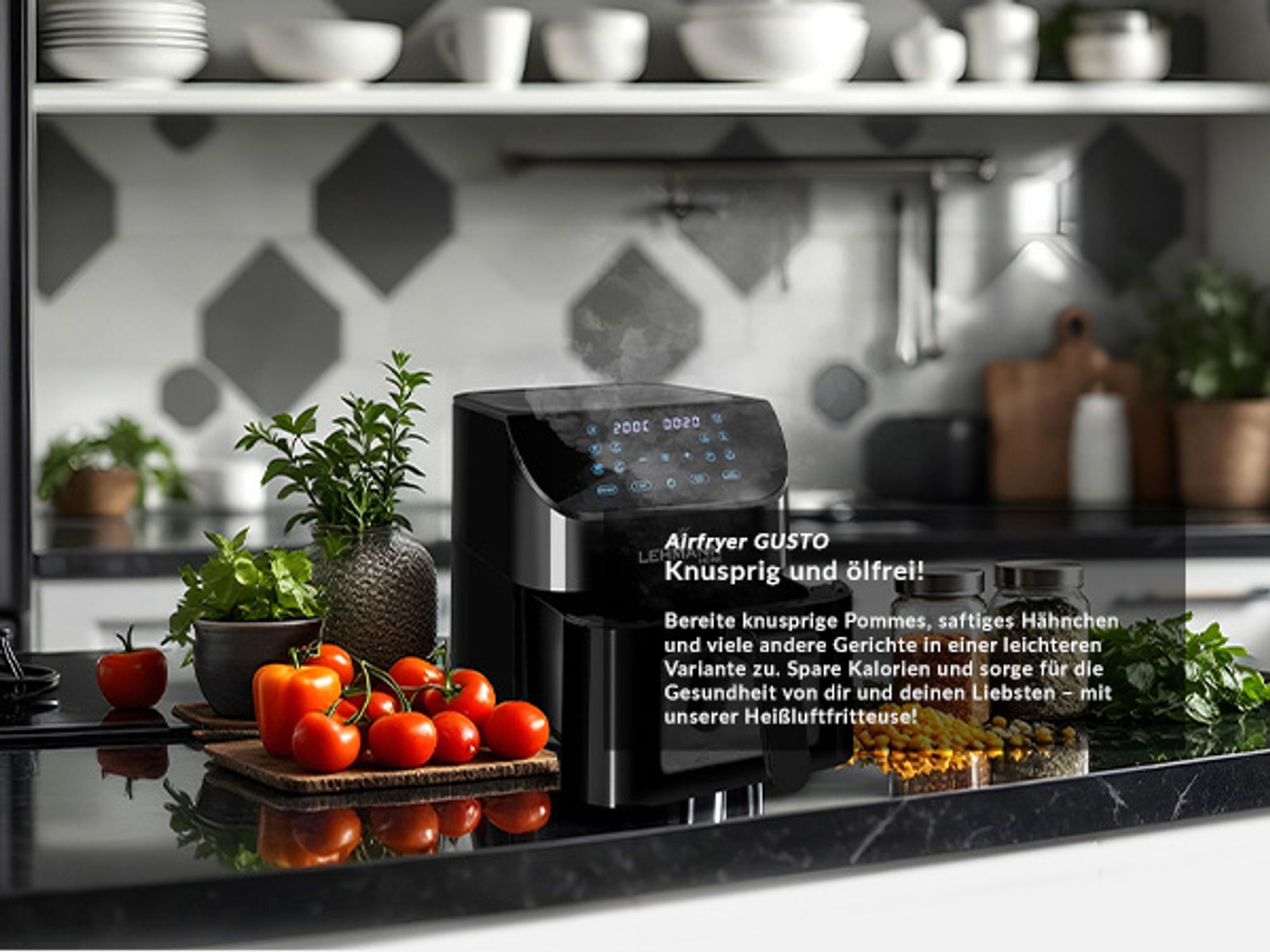 LEHMANN Heißluftfritteuse, Airfryer 1800 W, Kapazität 8L, max 200°C, 12 Programmen, mit Sichtfenster - Backen und Frittieren Ohne Fett