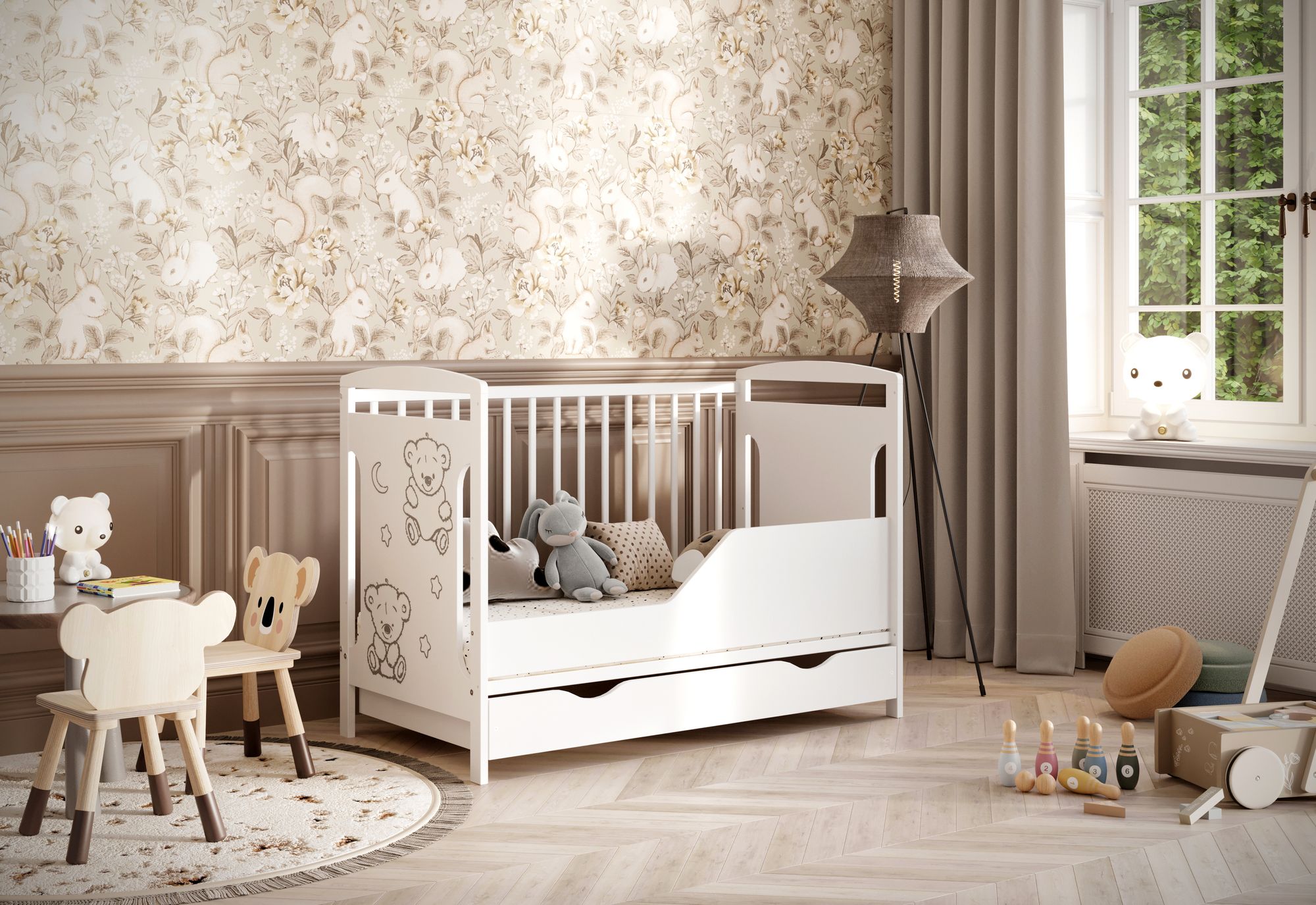Kinderbett Ted 60x120 cm mit Rausfallschutz und Schublade – zum Juniorbett umbaubar (ohne Matratze)