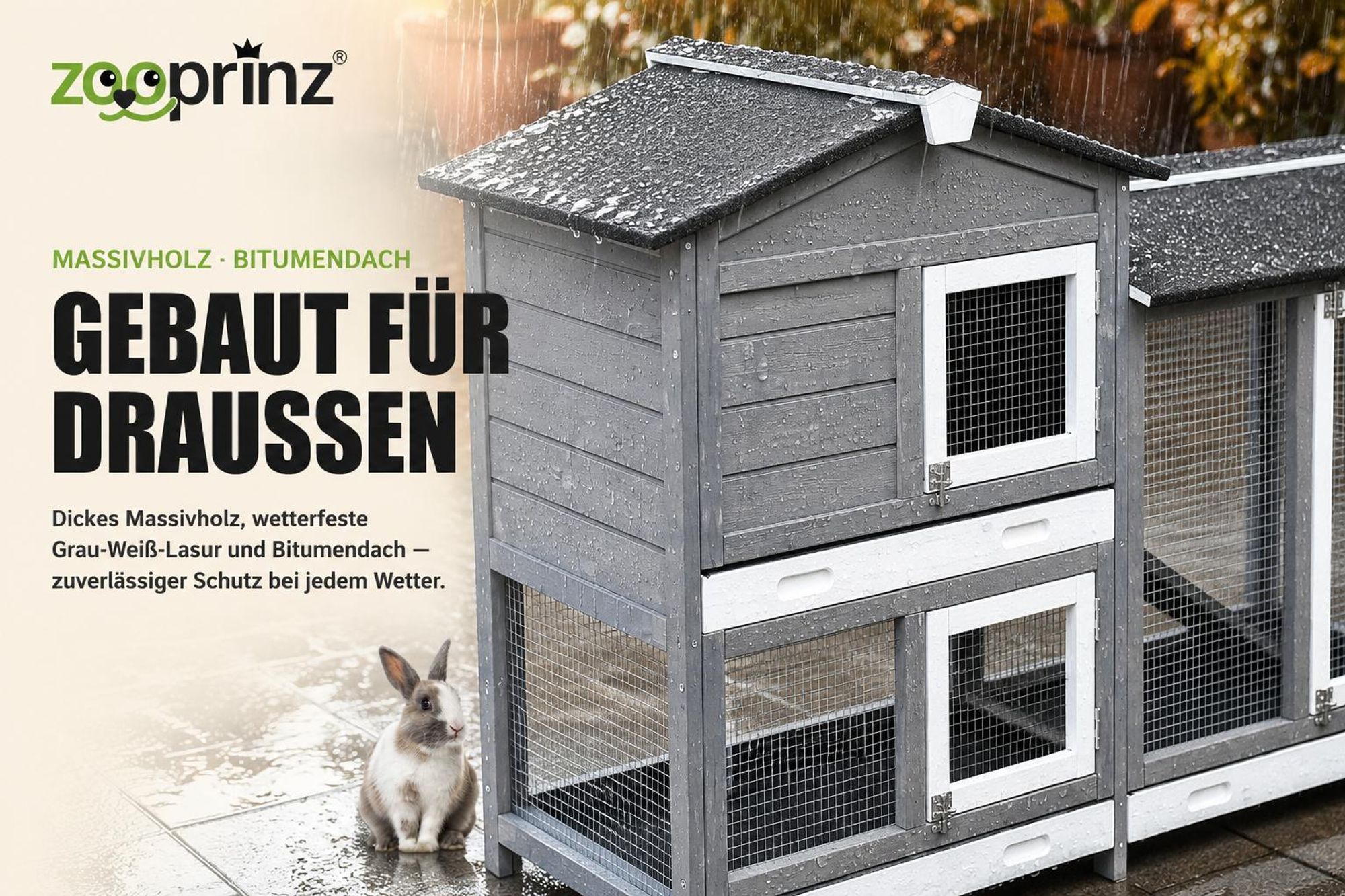 zooprinz Hasenstall Rudy mit Auslauf Kunststoff Schubladen Wetterfest lasiert 145x50x94cm (BxHxT)