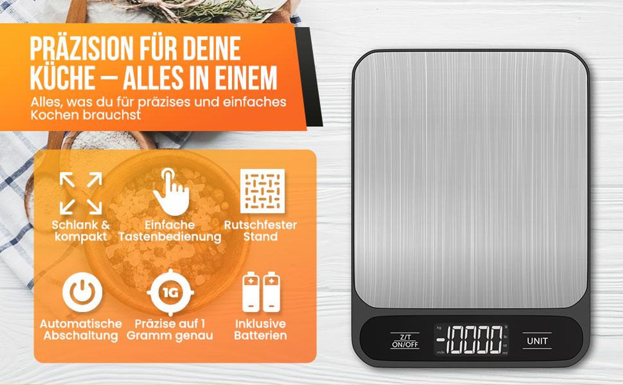 Strex Küchenwaage Digital - Küchenwaage - 1g bis 10kg - Tara-Funktion - Inklusive Batterien - Edelstahl/Schwarz