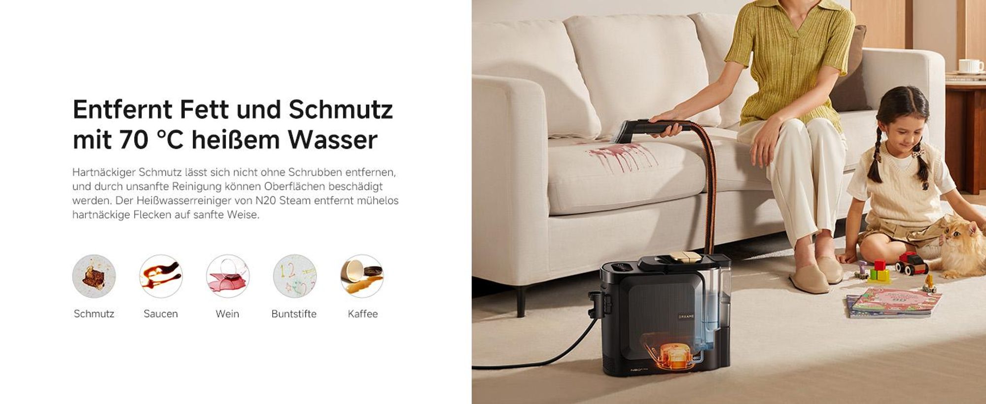 Dreame N20 Tragbarer Nass-und Trockensauger,17kPa Saugkraft,100°C Dampfreinigung,70°C Heißwasserreinigung,20Min Schnelltrocknung,Selbstreinigung