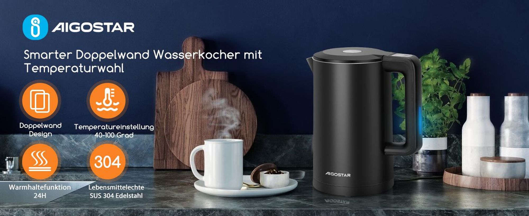 Aigostar Smart Glas-Wasserkocher 1,7L: WLAN & Alexa, 40°C-100°C Temperaturwahl, Innen 100% Edelstahl (Plastikfrei), Strix-Kontrolle, Schwarz