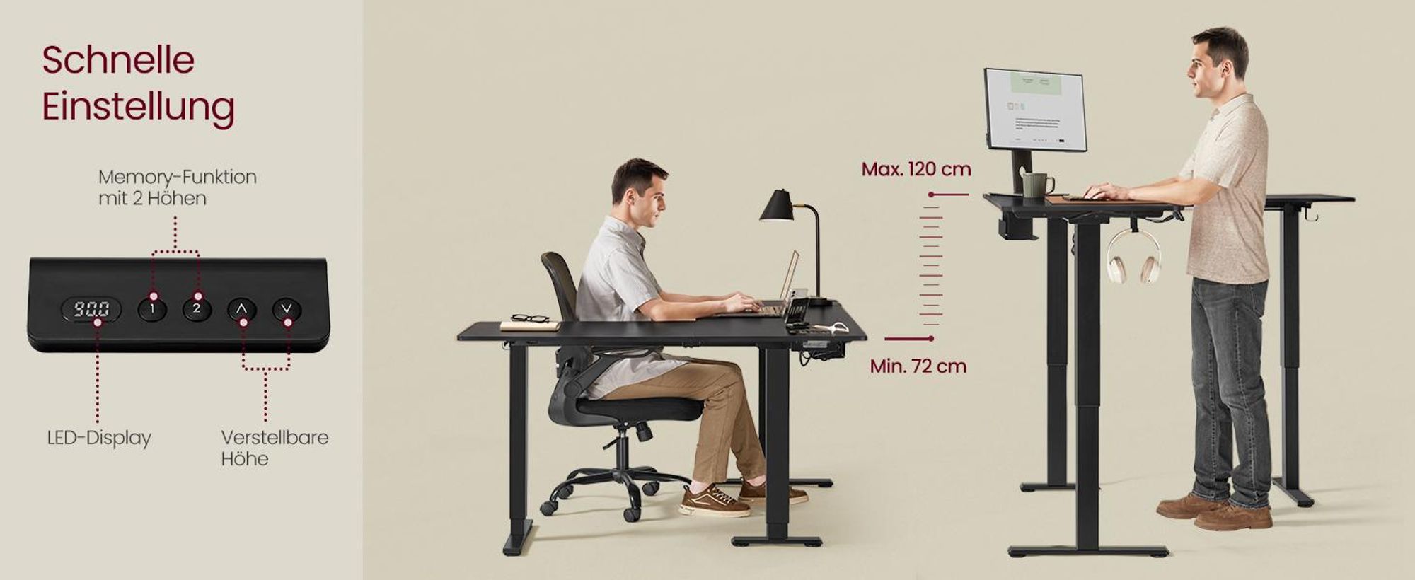 VASAGLE Höhenverstellbarer Schreibtisch, 160 cm, L-förm, Eckschreibtisch, 2 AC-Steckdosen, 2 USB-A-Anschlüsse, Ablage für Steckdosenleiste