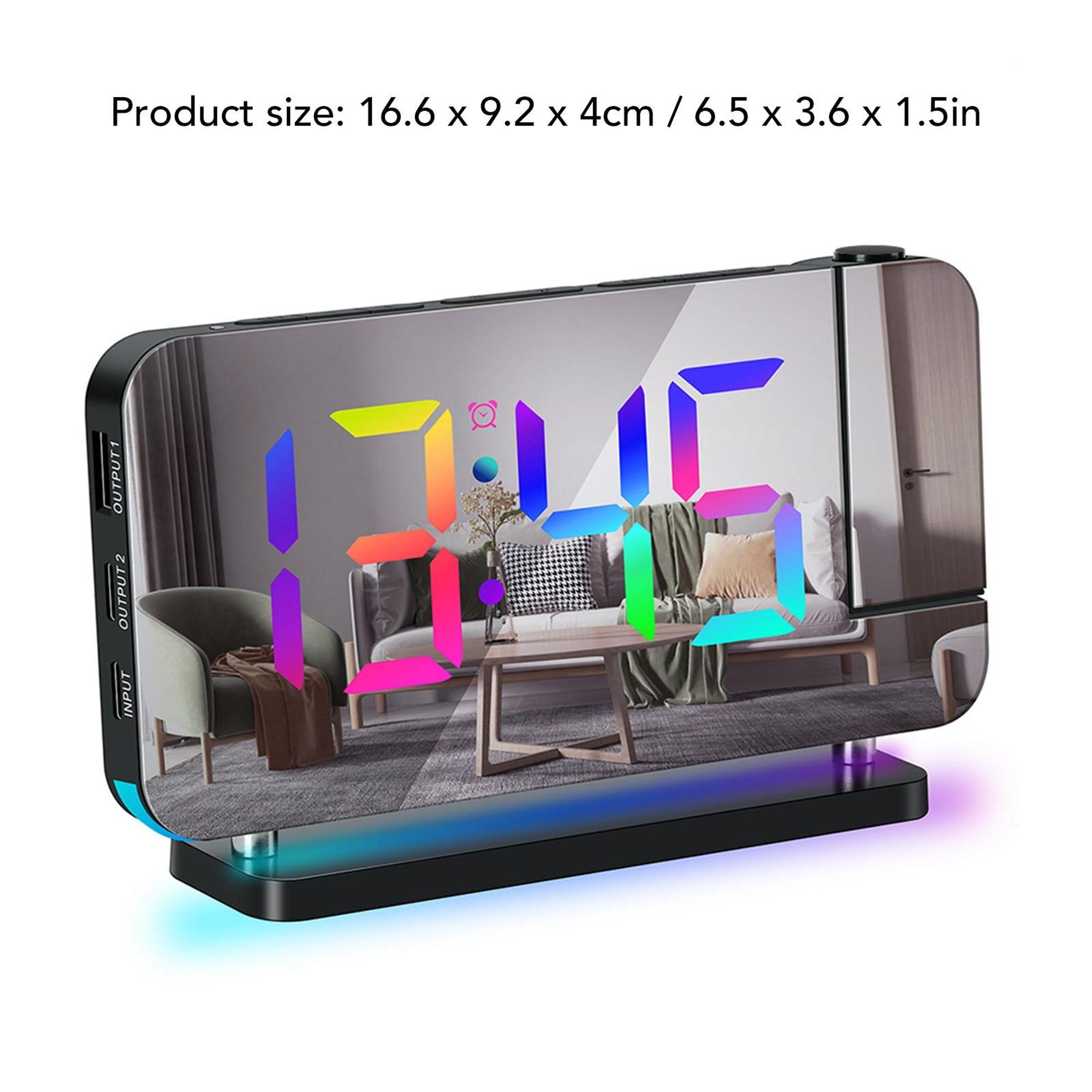 Projektionswecker fuer Schlafzimmer, 7-Zoll-RGB-bunte LED-Digitaluhr mit Spiegeloberflaeche, 6-stufiger Helligkeitsdimmer, USB-Ladegeraet, Schlummerfunktion, 12/24 Stunden, 11 Farben, 180-Grad-Projektor an der Decke