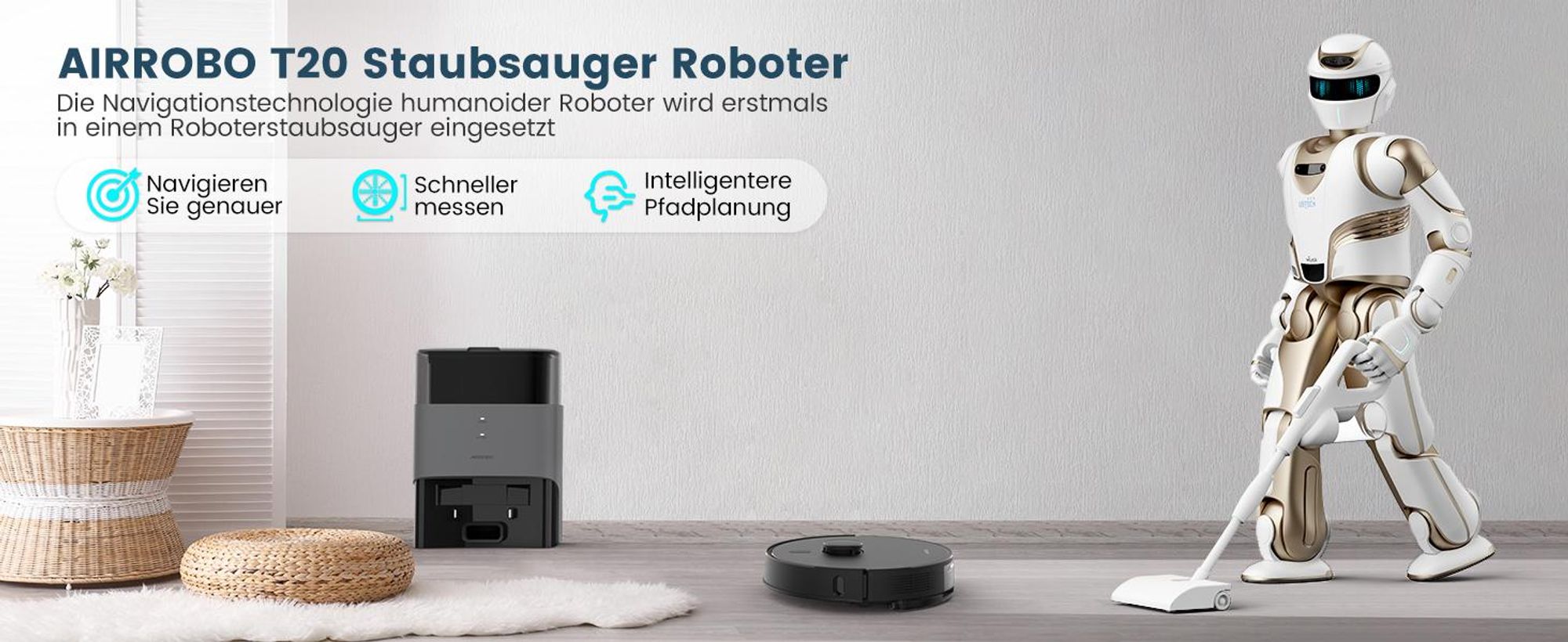 AIRROBO Saugroboter mit Absaugstation und Wischfunktion T20 Plus, Lasernavigation, 5500Pa Saugkraft, 3 in1 Staubsauger Roboter