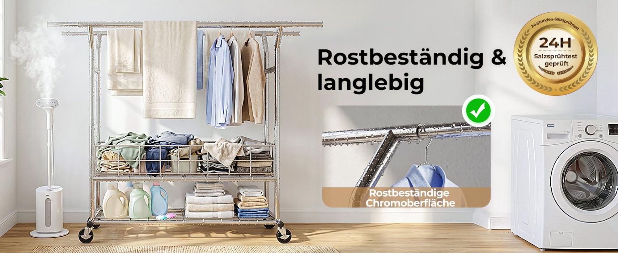 HOKEEPER Schwerlast Kleiderstange auf Rollen, Doppelter Kleiderstange, bis 283 kg belastbar, Industrie-Design, Garderobenständer