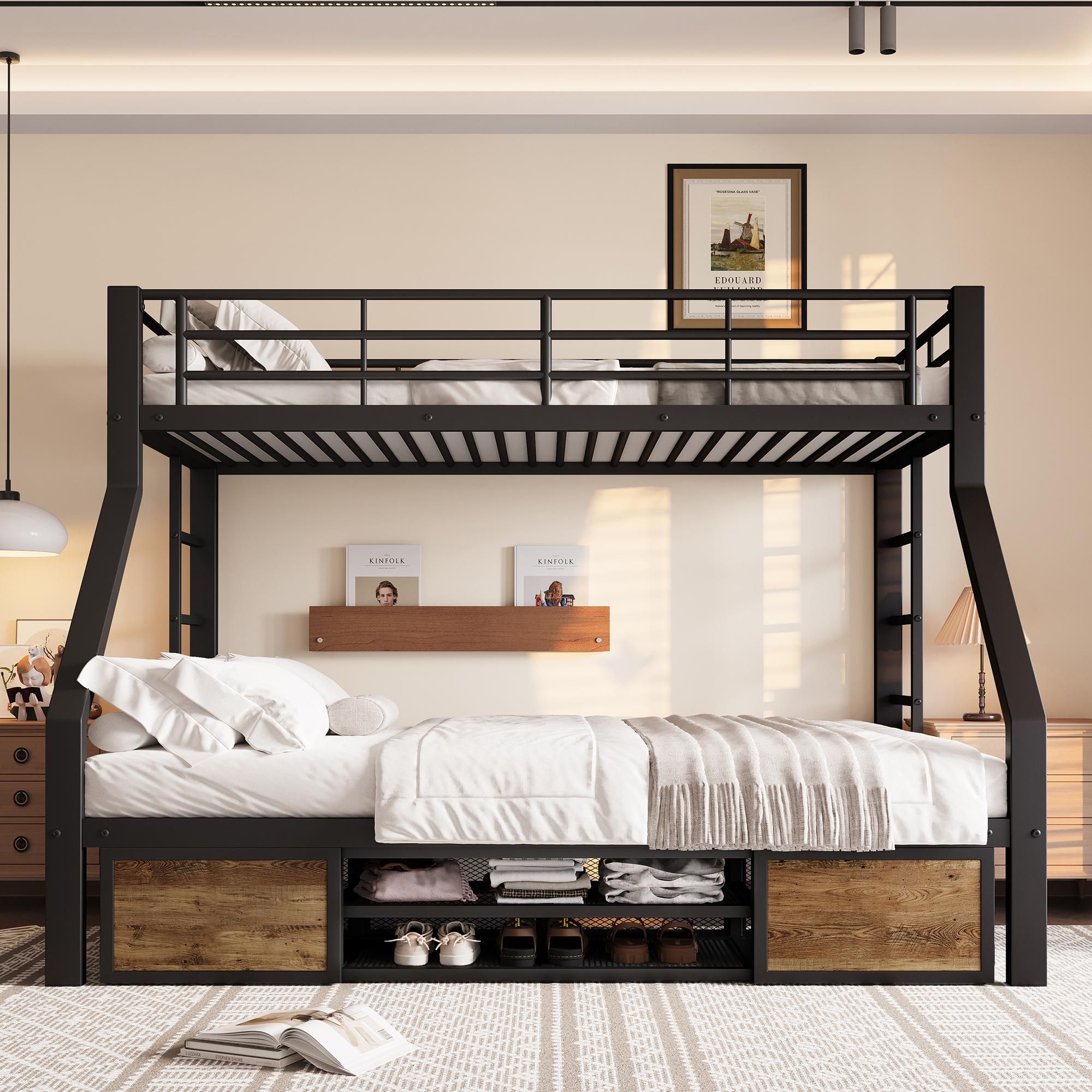 Flieks Etagenbett 90x200cm/140x200cm mit Schuhschrank, Kinderbett Hochbett mit Leiter, Metallbett Jugendbett Stockbett, Schwarz