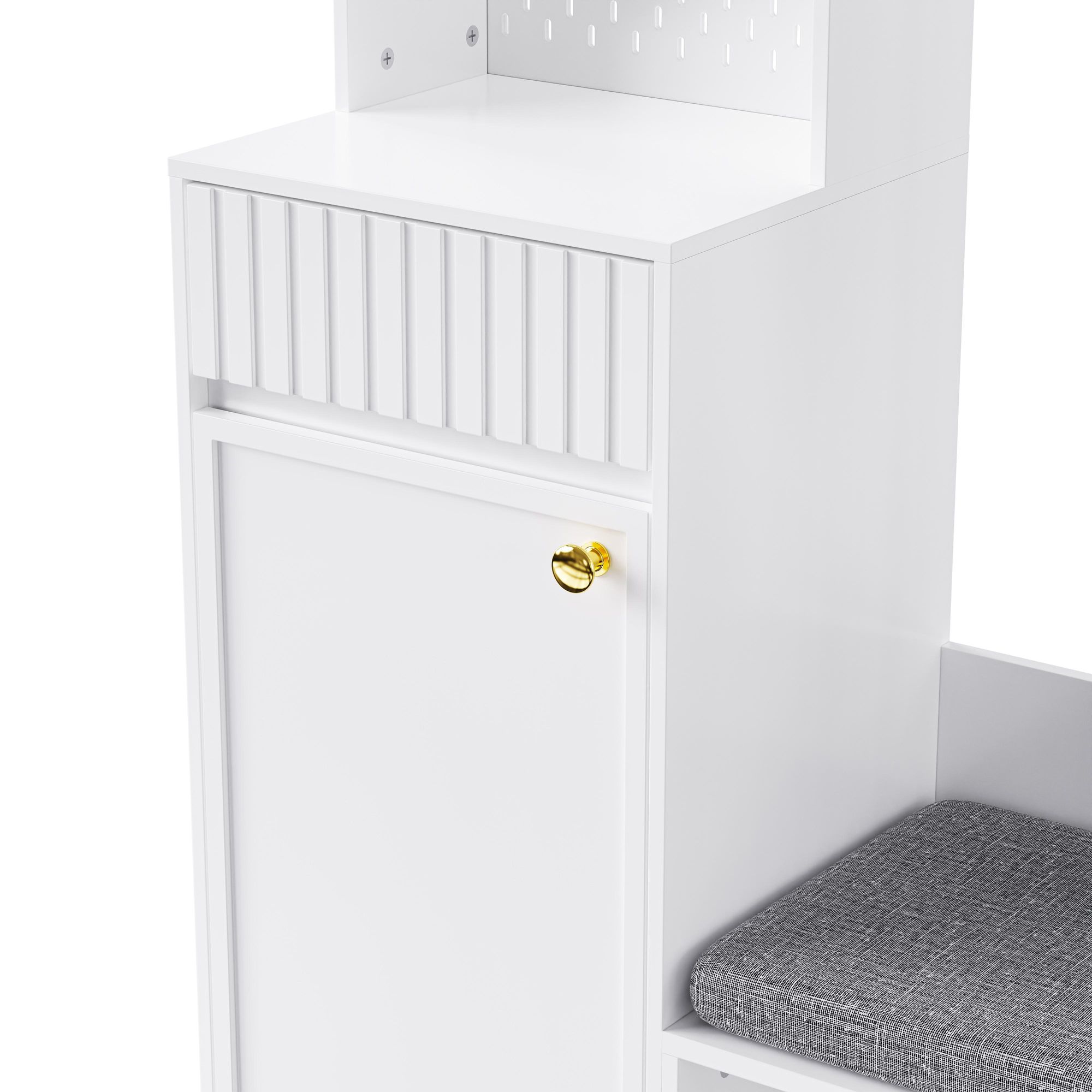 Merax Garderobenständer mit Schuhbank, Flurgarderobe mit Schubladen & Türen, 4 Dreifach-Haken, Stecktafel aus Metall, 100×180×35 cm, Weiß