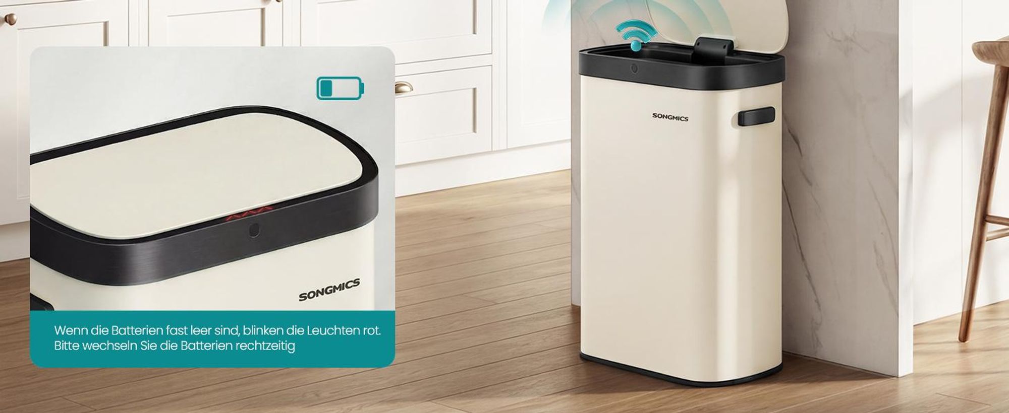 Mülleimer mit Sensor, automatischer Abfalleimer 50 L, Softclose-Deckel, Stahl, creme