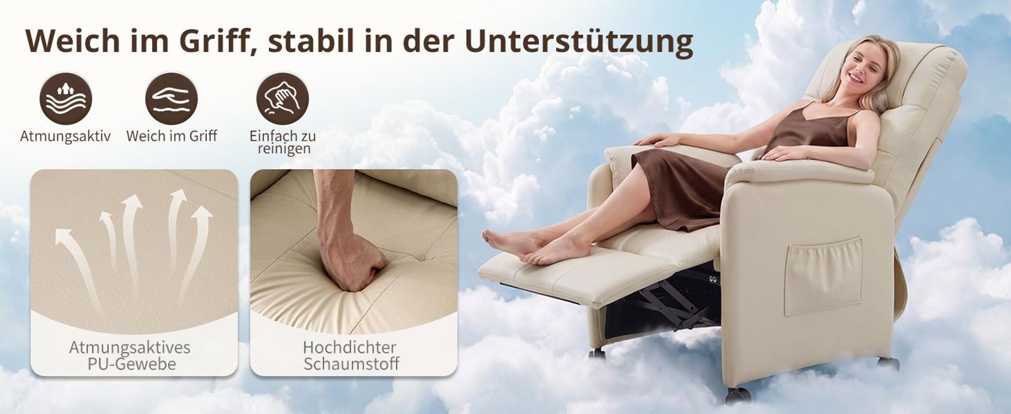 Elektrisch Massagesessel,Fernsehsessel Ruhesessel mit Massagefunktion, Wärmefunktion, 4 Rädern, Cremeweiß