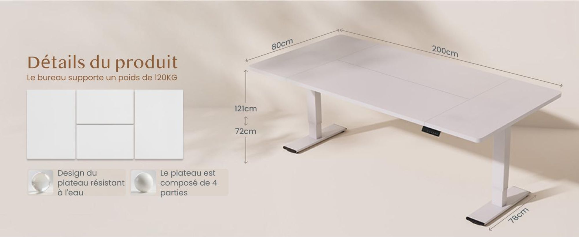 Bureau réglable en hauteur FLEXISPOT QB2, électrique, 200 x 80 cm, avec multiprise, 2 MOTEURS PUISSANTS, capacité de charge de 120 kg, 4 positions mémorisables (blanc)