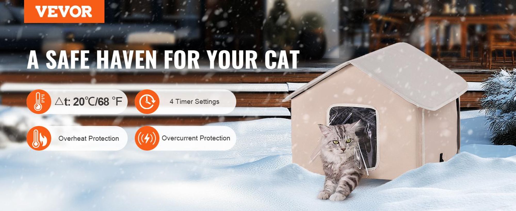 VEVOR Beheiztes Katzenhaus, Außenshelter für Katzen mit einstellbarer Temperatur und Timer, faltbares Katzenhaus aus 600D Oxford-Stoff mit beheiztem Pad für den Winter, um warm und gemütlich zu bleiben, Grün (Mittel), Braun-52x48x47 cm
