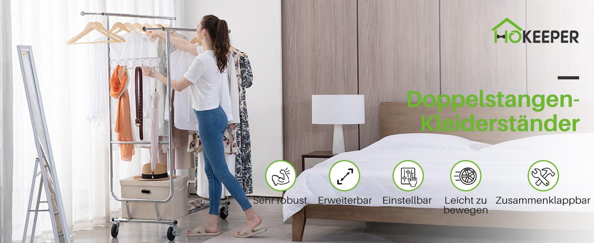 HOKEEPER Profi Doppelter Kleiderständer, bis 272 kg belastbar, Schwerlast Kleiderstange auf rollen, Industrie-Design, Garderobenständer
