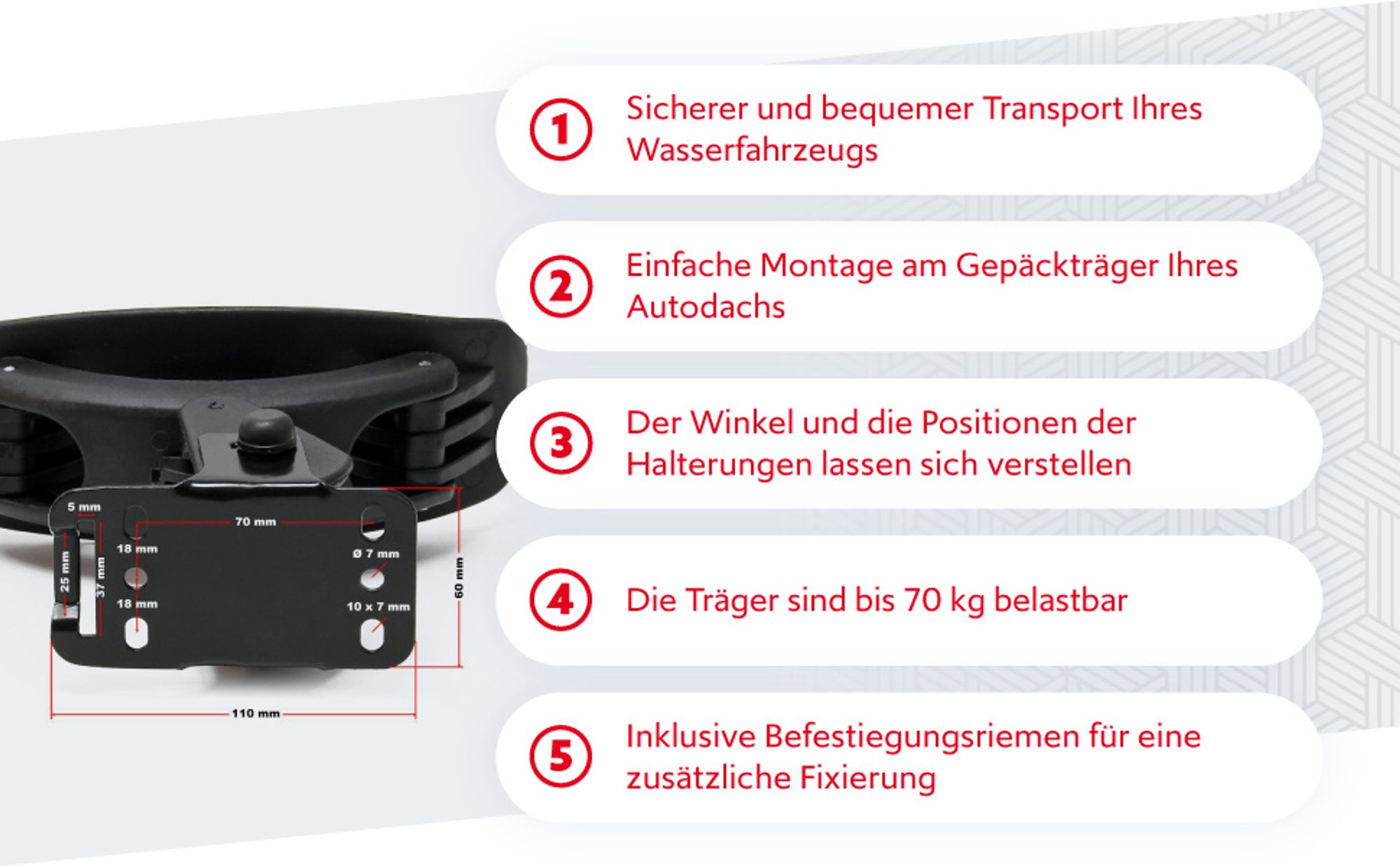 Wiltec Dachträger Set für Kajaks & SUP-Boards bis 70 kg 4 Stück, Boothalterung für Autodachträger, einfache Montage & verstellbarer Winkel, inkl. Befestigungsriemen
