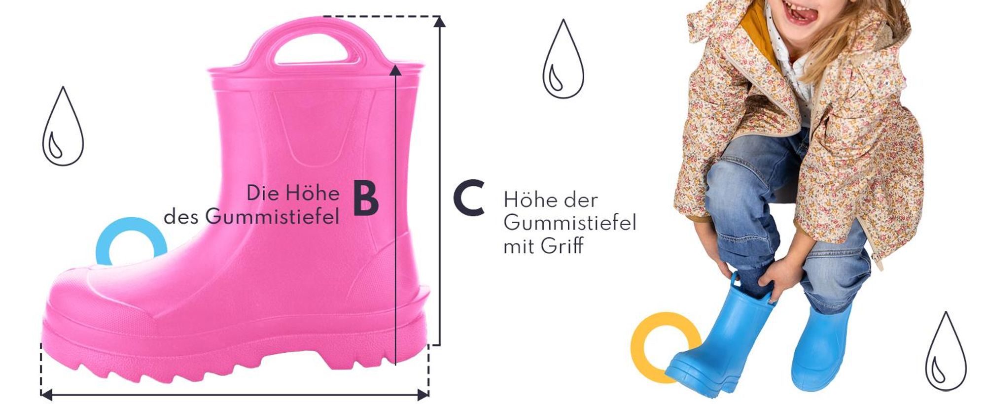 3Kamido GoSplash Kindergummistiefel, sehr leicht und bequem, wasserdicht, mit Griff zum einfachen Anziehen und rutschfester Sohle - Gelb 25/26