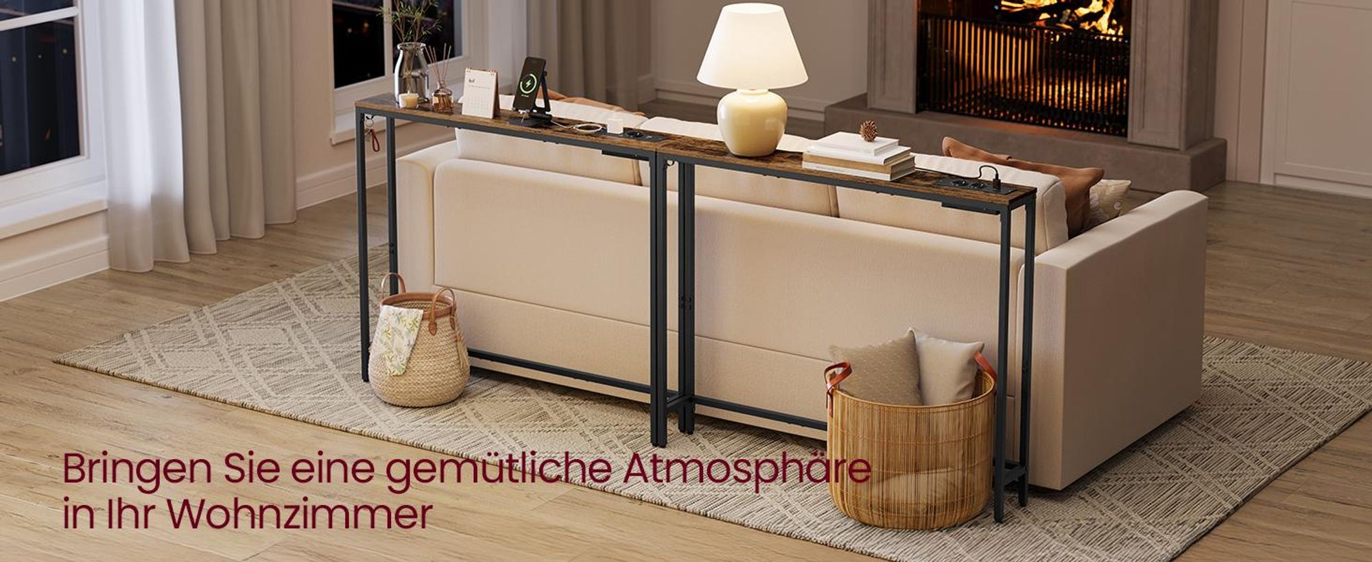 VASAGLE Sofatisch, Flurtisch, schmales Design, 15 x 100 x 80 cm, mit Ladestation, 2er Set