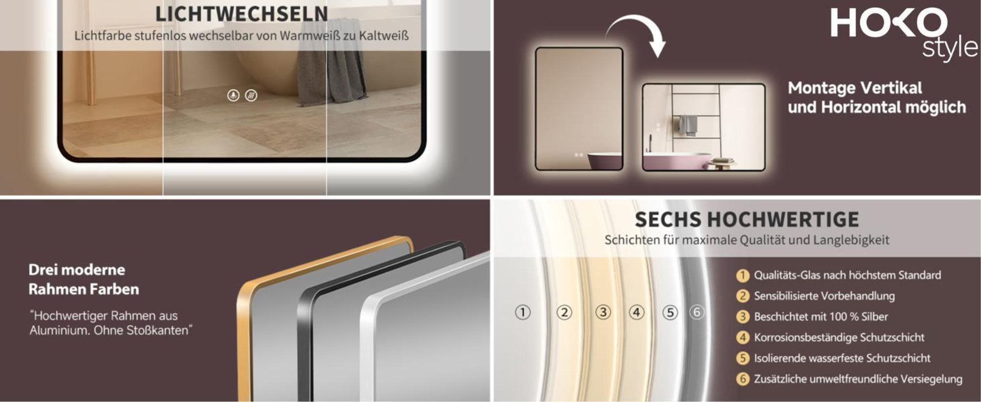 HOKO Badspiegel Antibeschlag LED 60x80cm mit Rahmen HOCH+QUER Montage Touch Schalter+Licht Wechsel Warmweiß-Kaltweiß-Neutral Wandschalter einschaltbar
