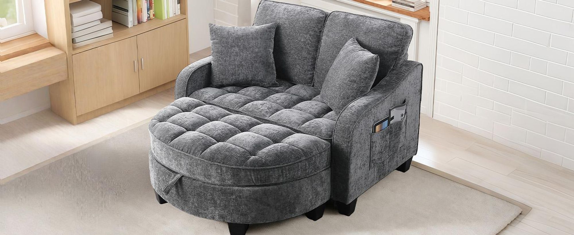 MODFU Multifunktionales Sofa Schlafsofa mit Aufbewahrungs-Hocker,Relaxsofa mit rutschfeste Kunststoffbeine,Dunkelgrau