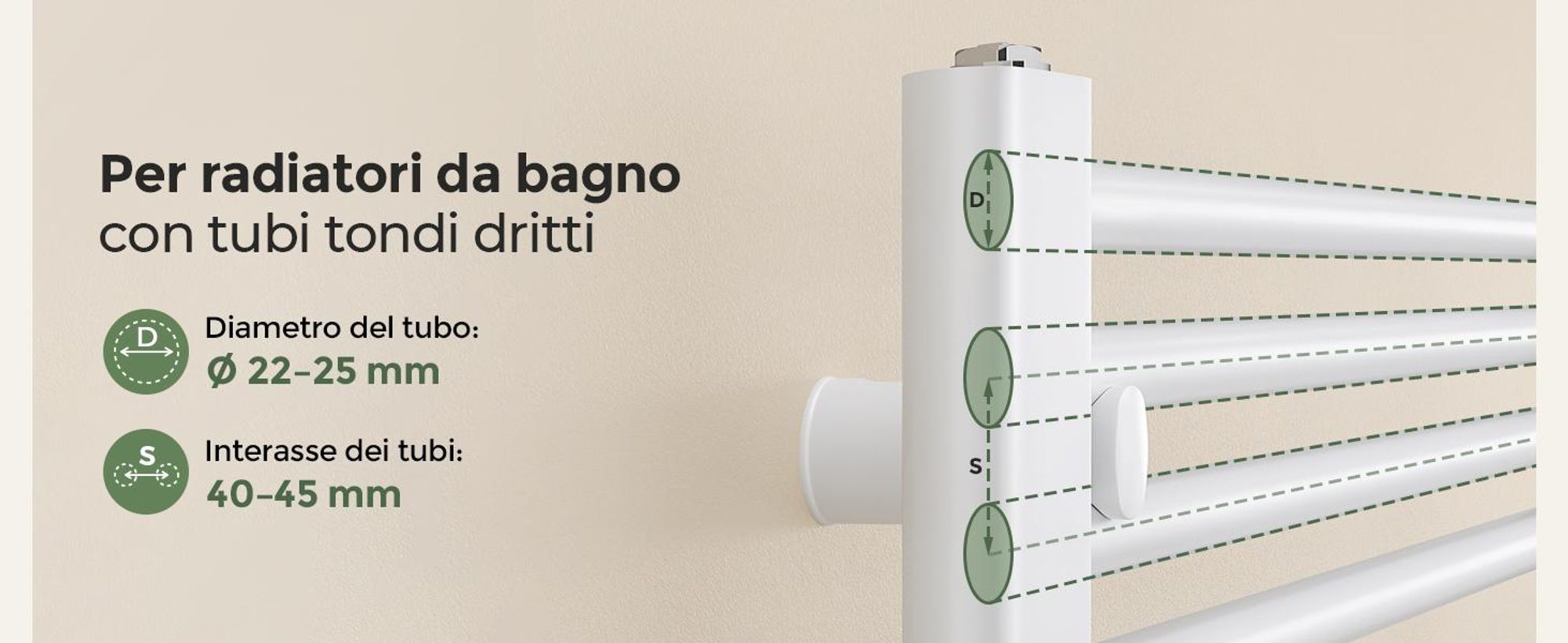 Supporti per scaldasalviette, set da 4, bianchi, per tubi tondi dritti Ø22–25 mm, Interasse 40–45 mm, regolazione 20 mm, portata totale fino, 1 pezzo