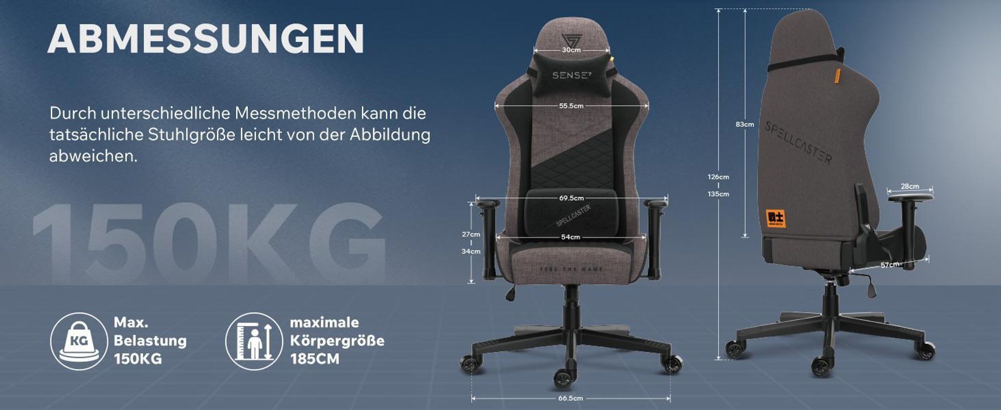 SENSE7 Spellcaster SENSHI Gaming Stuhl Stoff Grau-Schwarz - Ergonomischer Bürostuhl Schreibtischstuhl Zockerstuhl 150kg 2D-Armlehnen Chefsessel