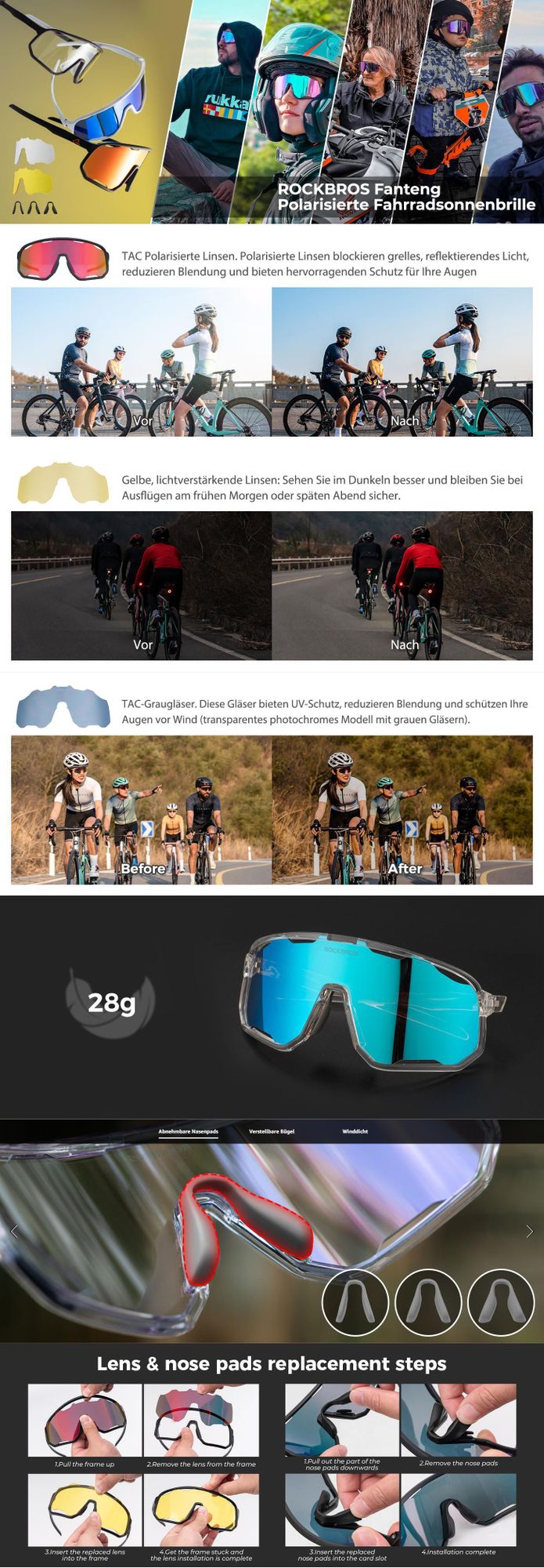 ROCKBROS Fahrradbrille Radbrille Outdoor MTB Damen und Herren Polarisiert Schwarzer Rahmen Orange Rot