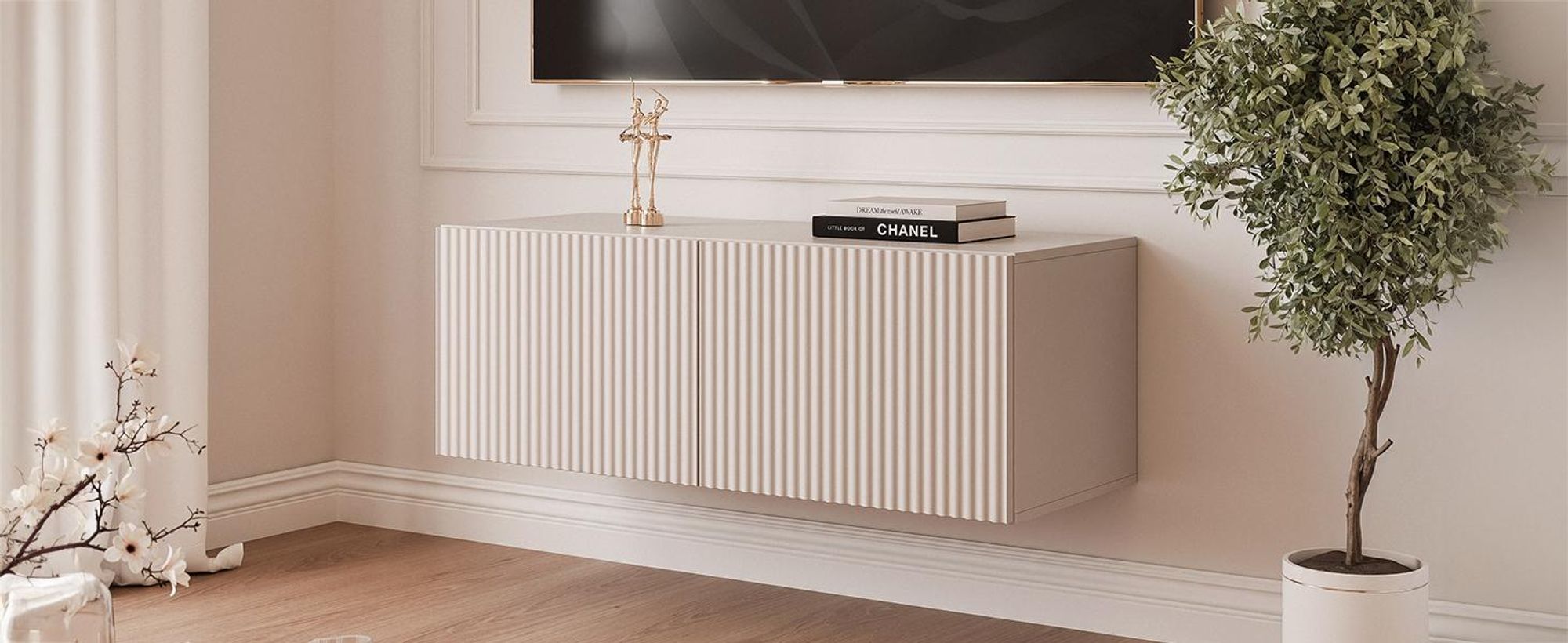 Idohome TV-Lowboard Angel 100 cm Kaschmir Matt -TV-Schrank, Hängeschrank, LED, Push-to-Open, Fernsehschrank, geriffelte Front, Medienmöbel, Wohnzimmer