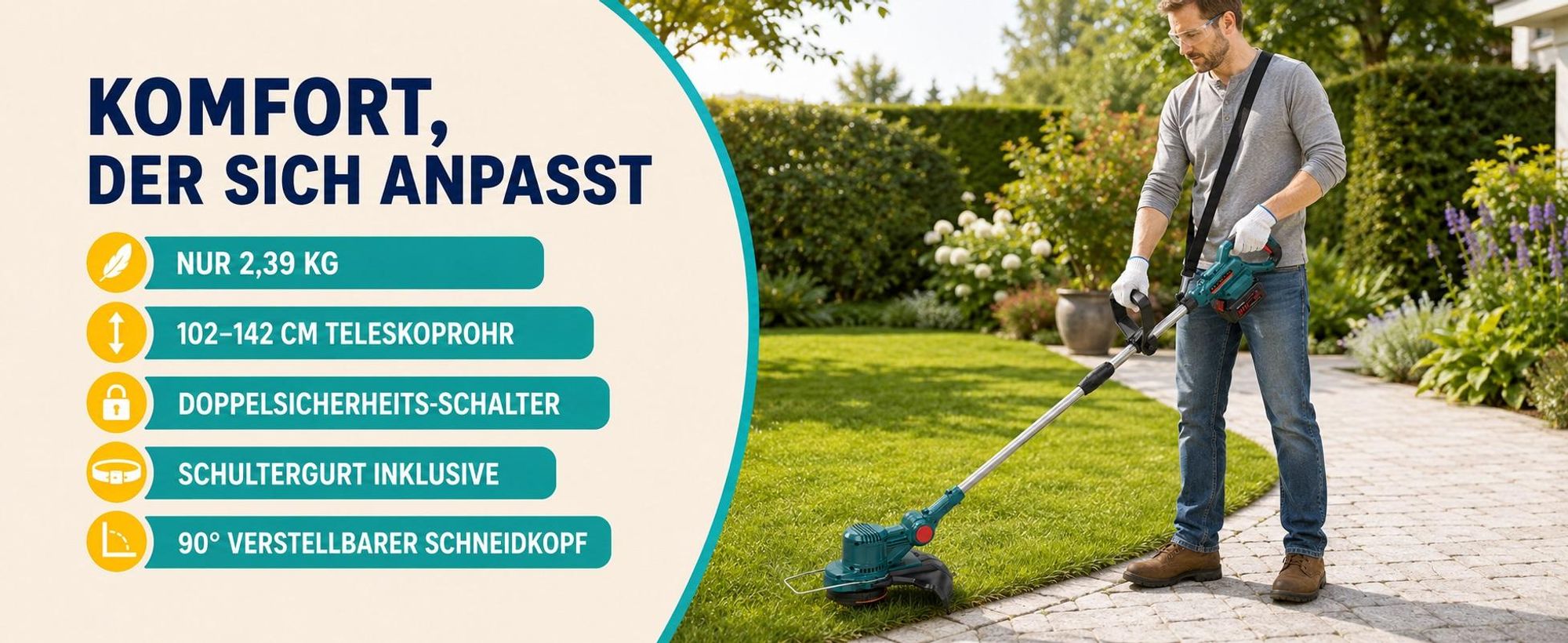 750W Akku Rasentrimmer mit 2× 4000mAh Akku 21V, Bürstenloser Motor Rasentrimmer mit Unkrautbürste, Freischneider mit Akkus & Ladegerät