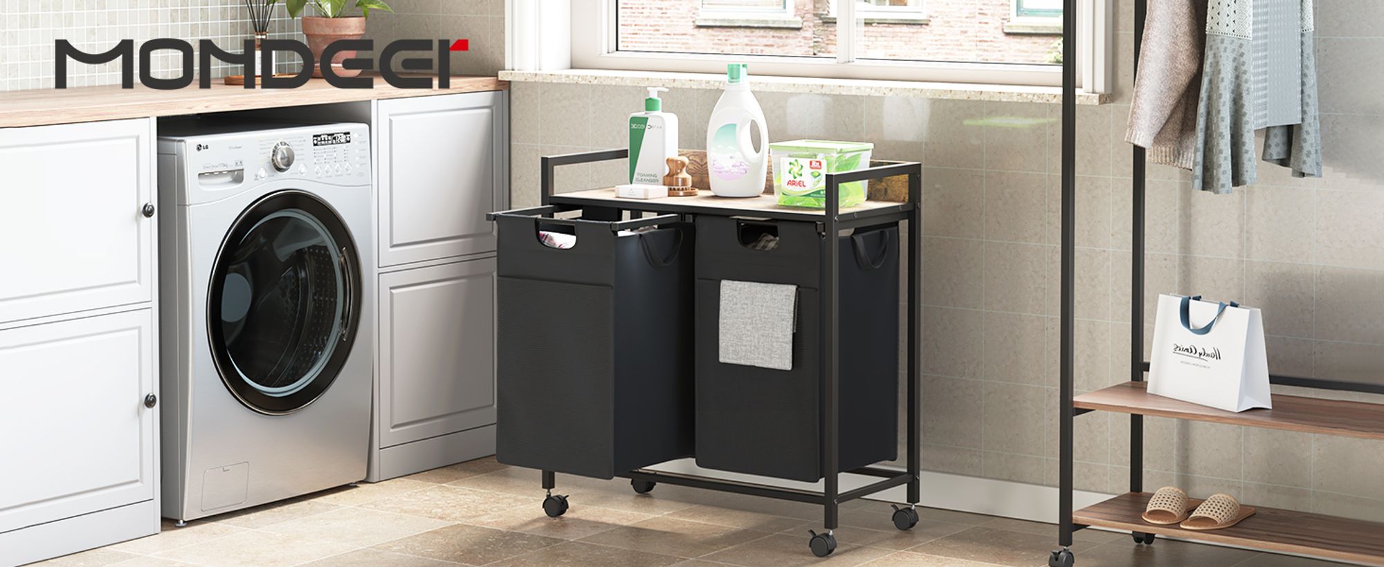 Mondeer Wäschekorb 2 Fächer Wäschesammler mit Ablage und 2 Wäschesäcken 2x50L ausziehbar abnehmbar