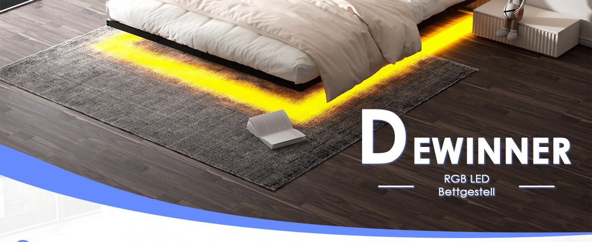 DEWINNER 180 x 200 cm Bettgestell (inkl. Metall-Bettbrett), schwebendes Doppelbett mit LED-Beleuchtung, stabiles Metall-Bettbrett, 20 cm Stauraum