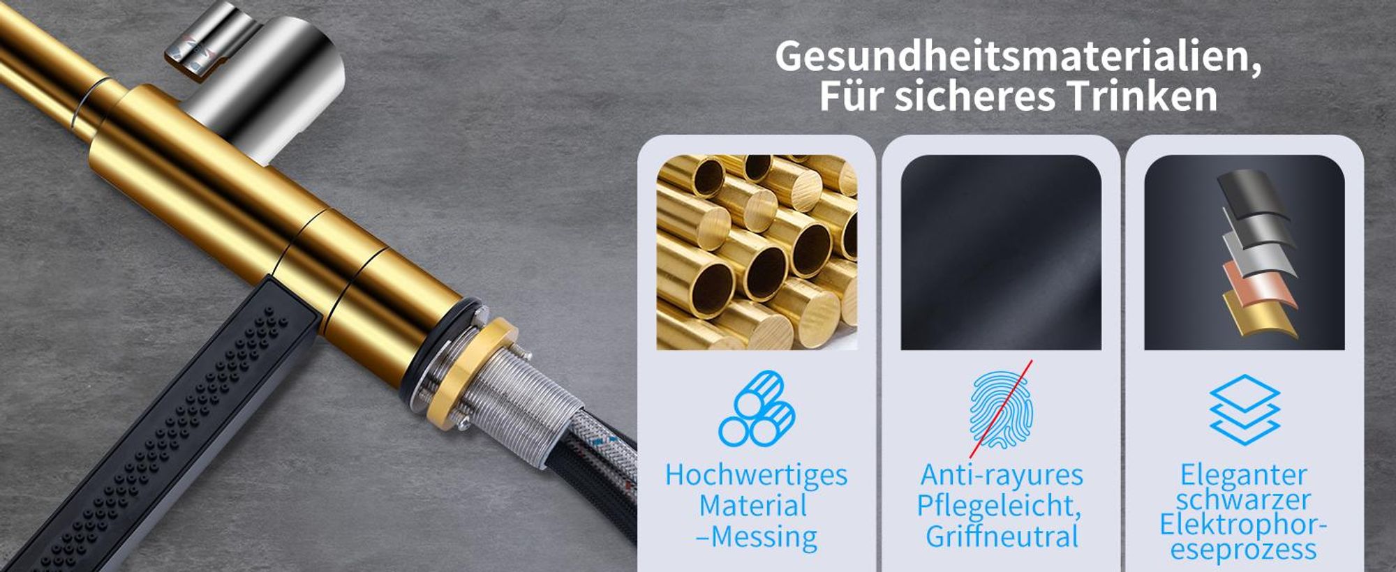 Homelody Wasserfall Küchenarmatur, Wasserhahn Küche Ausziehba 360° Drehbar, Mischbatterie Küchenarmatur mit 4 Wassersprühmodi, Edelstahl, Schwarz