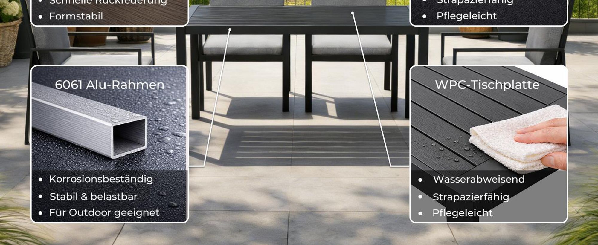 MeXo Gartenlounge-Set Gartenmöbel Set Aluminium 6 Personen, wetterfeste Garten-Essgruppe mit dicke Kissen & Esstisch 140x80x70cm, Outdoor Indoor Möbel