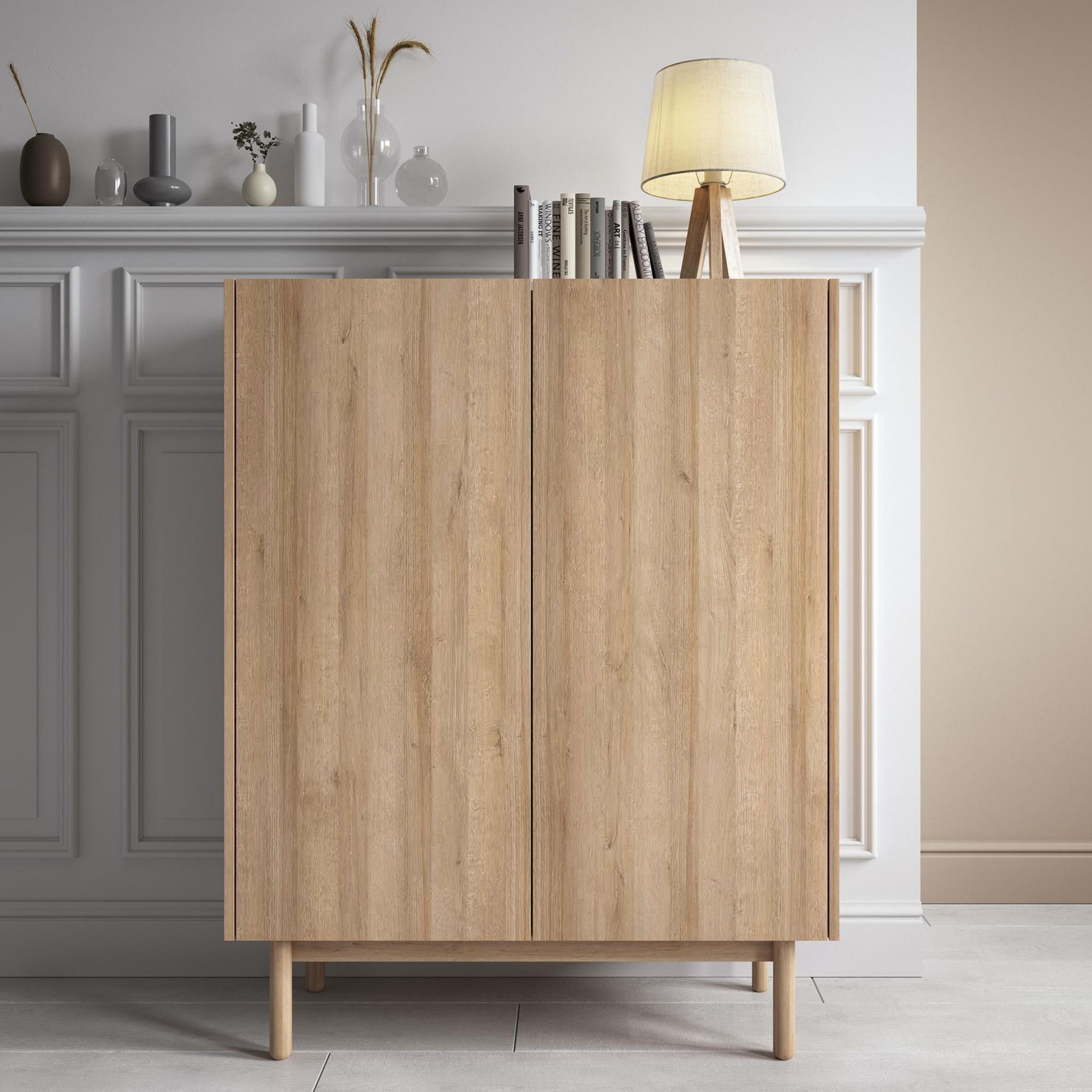 BETTSO Kommode BOHO 97x122 cm Zweitürig Hochkommode Eiche Hellbraun Weiß Marmor Holzbeine Schrank Wohnzimmer Schlafzimmer Hoch Modern
