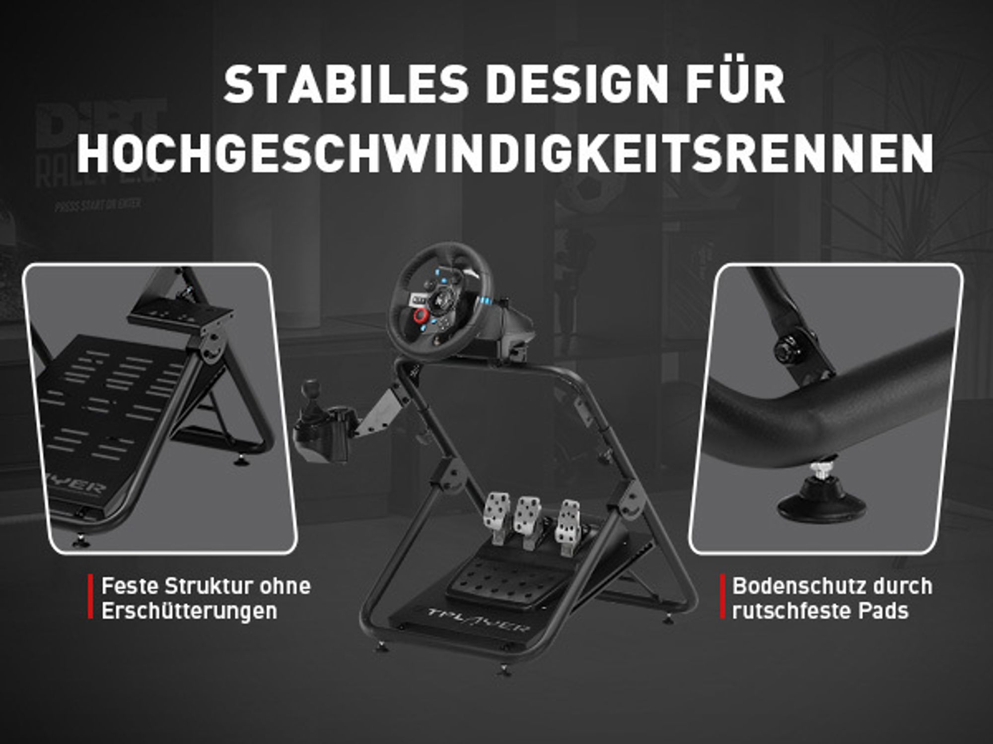 GTPLAYER Sim Racing Lenkradständer Gaming Wheel Stand für G920 G29 G25 G27 G923 T300RS mit Schalthebelhalterung, Höhen- und Winkelverstellung schwarz