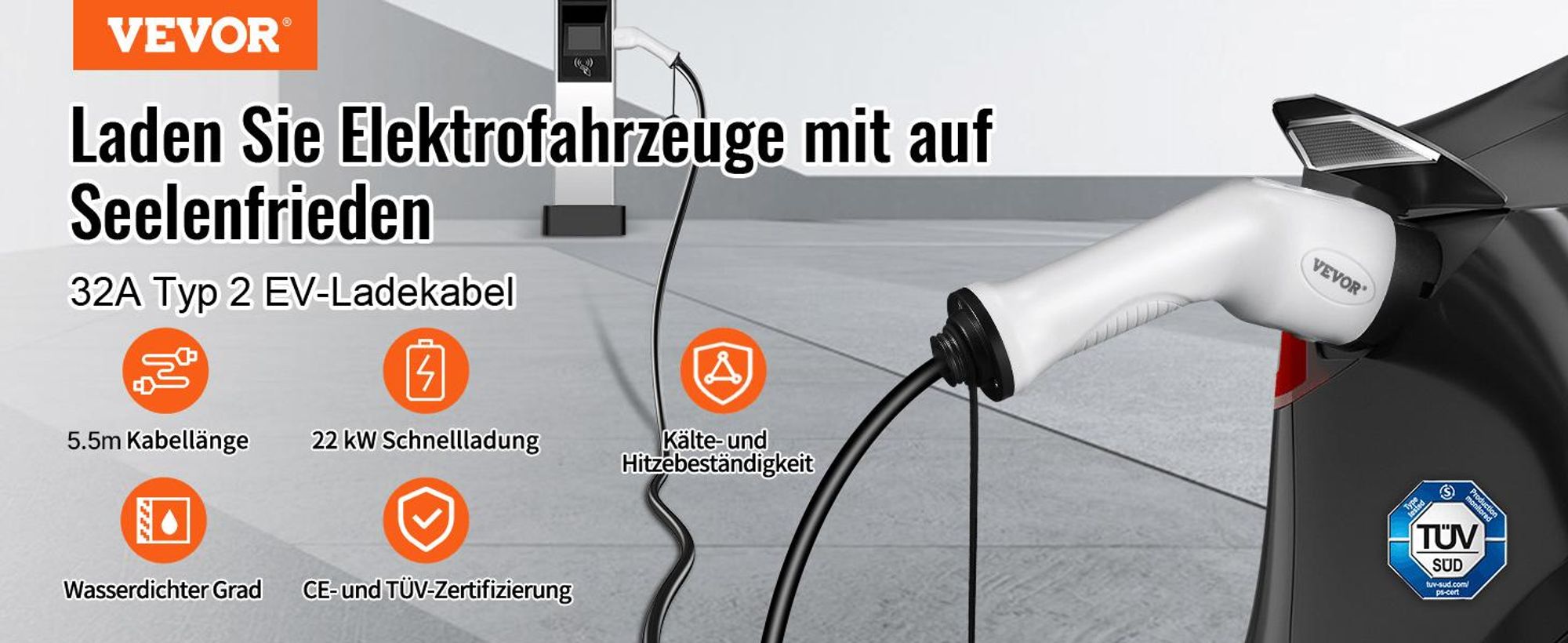 VEVOR Typ2 Ladekabel für Elektroauto/Hybrid EV Ladekabel E-Autoladekabel Wallbox 22kw TPU-Ladekabel 5m Kabellänge 3-Phase AC 380V Typ2 auf Typ2 Wasser-/Staubdicht Mit allen Typ-2-Modellen Kompatibel
