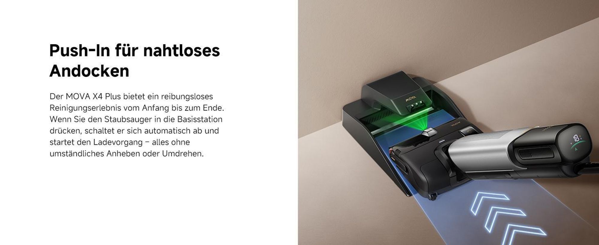 MOVAX4 Plus Nass-Trocken-Sauger, Auto-Reinigungslösung, Tangle-Free-Design, Selbstreinigung 100 °C, 20 kPa Saugkraft, Push-In-Basisstation, LED-Bürst
