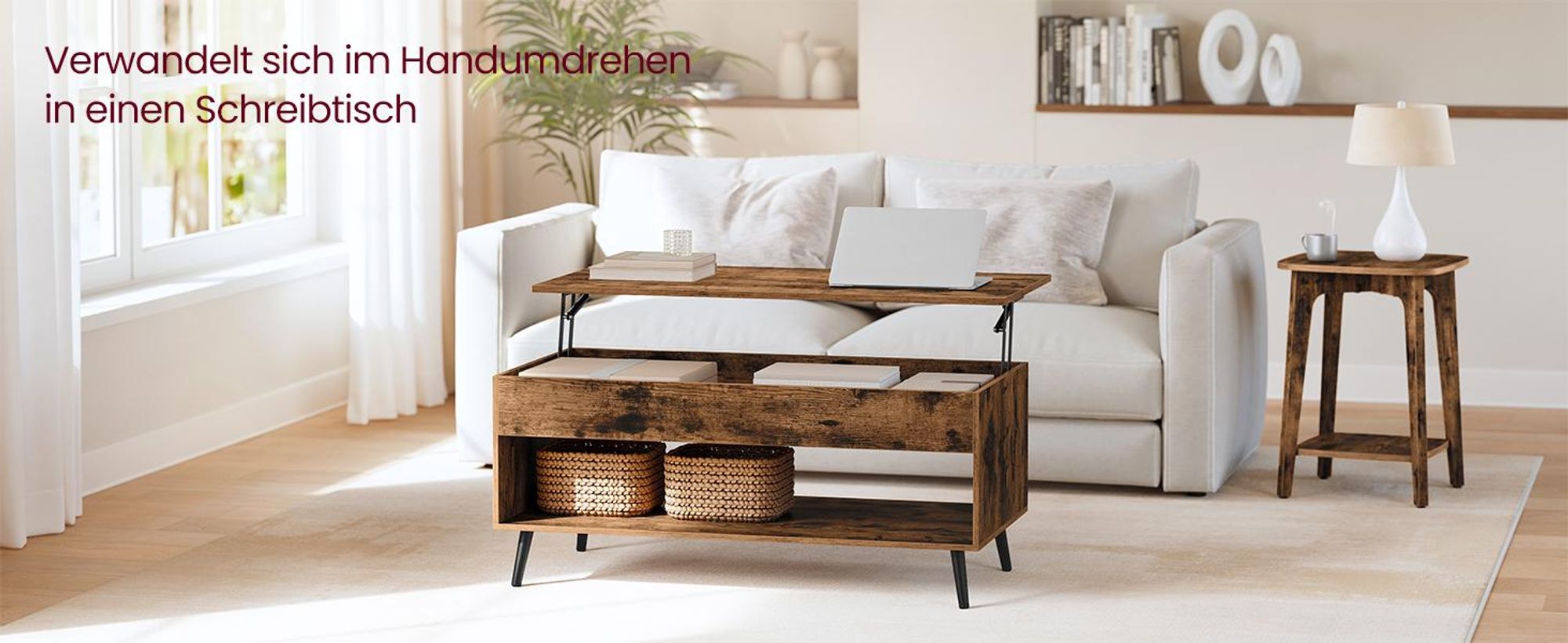 VASAGLE Wohnzimmertisch, höhenverstellbarer Couchtisch, verstecktes Fach, für Homeoffice, offenes Fach, vintagebraun-schwarz