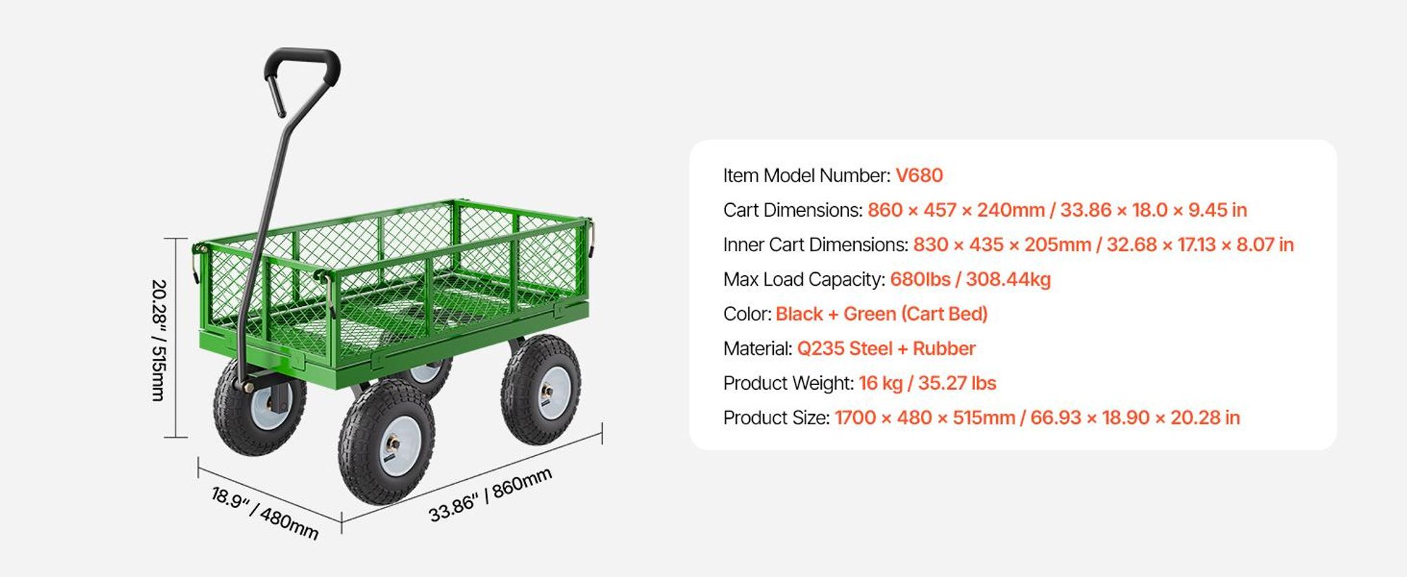 VEVOR 1200 Lbs Stahl Gartenwagen, Schwerlast Ziehbarer Gartenwagen, 2 in 1 Outdoor Metall Nutzwagen mit 13" All-Terrain Reifen, Abnehmbare Netzseiten und 180° drehbarem Griff, Grün-680 lbs