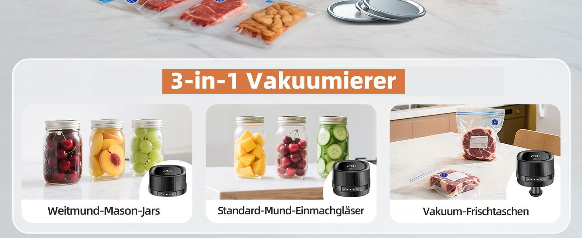 Elektrischer Vakuumierer, Vakuumiergerät, Vollautomatisches, Einmachgläser, mit 2 Gläser 10 Deckeln, für breite Öffnung und normale Öffnung