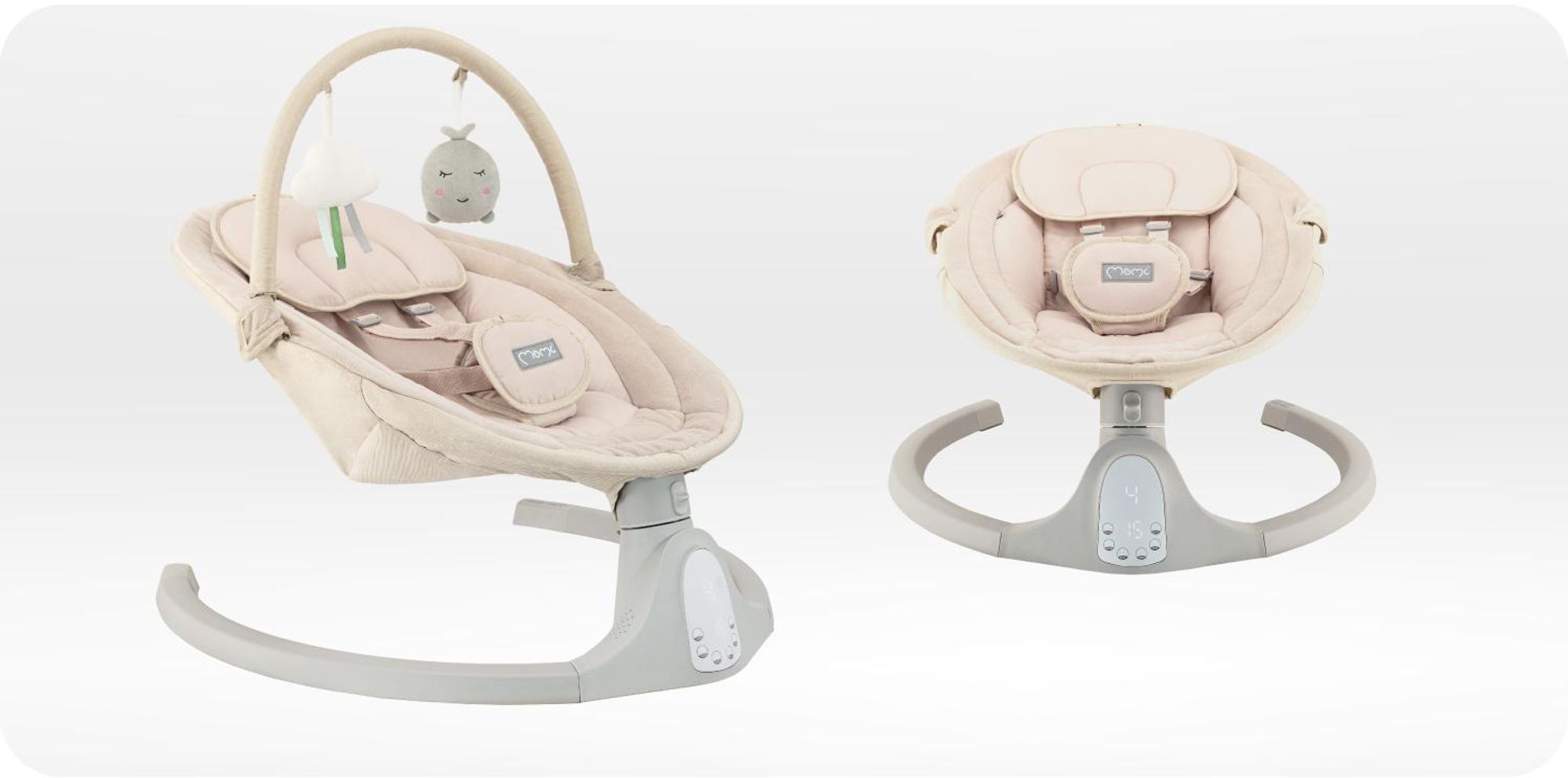 MoMi KENANI SAND – Elektrische Babywippe mit Bluetooth, Fernbedienung, LED-Display & 5 Stufen, inkl. Spielzeug – Beige