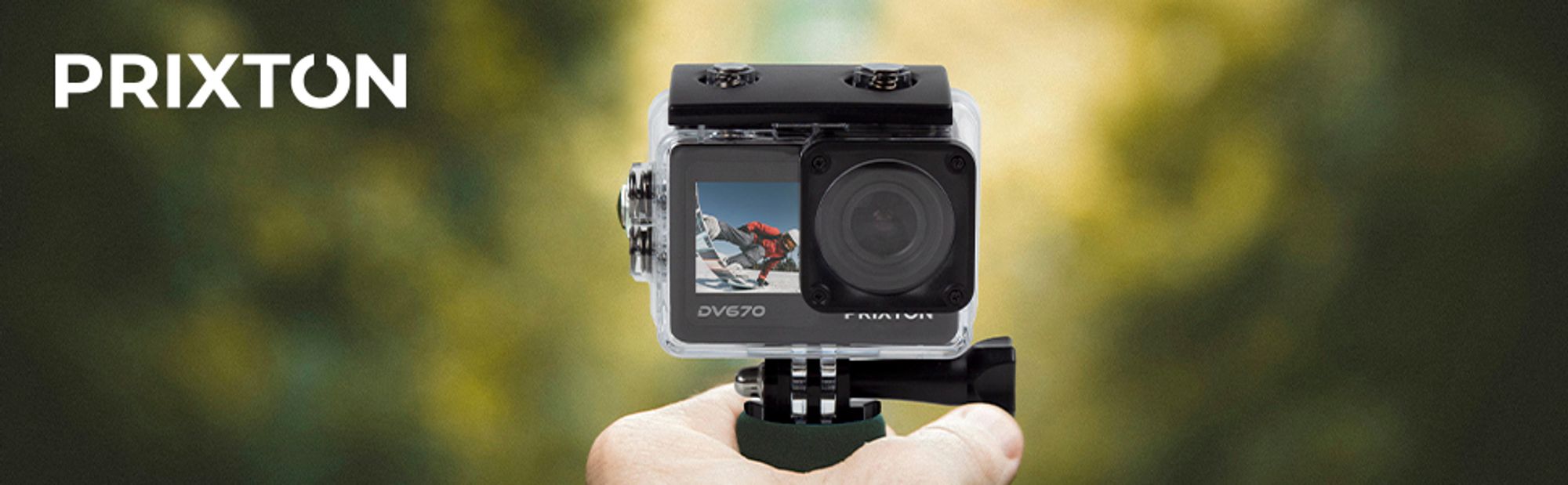 PRIXTON Action-Kamera DV670 | Sportkamera mit 4K-Auflösung, Doppelbildschirm, WLAN und Mobile App, Optischer Stabilisator, MultiSport