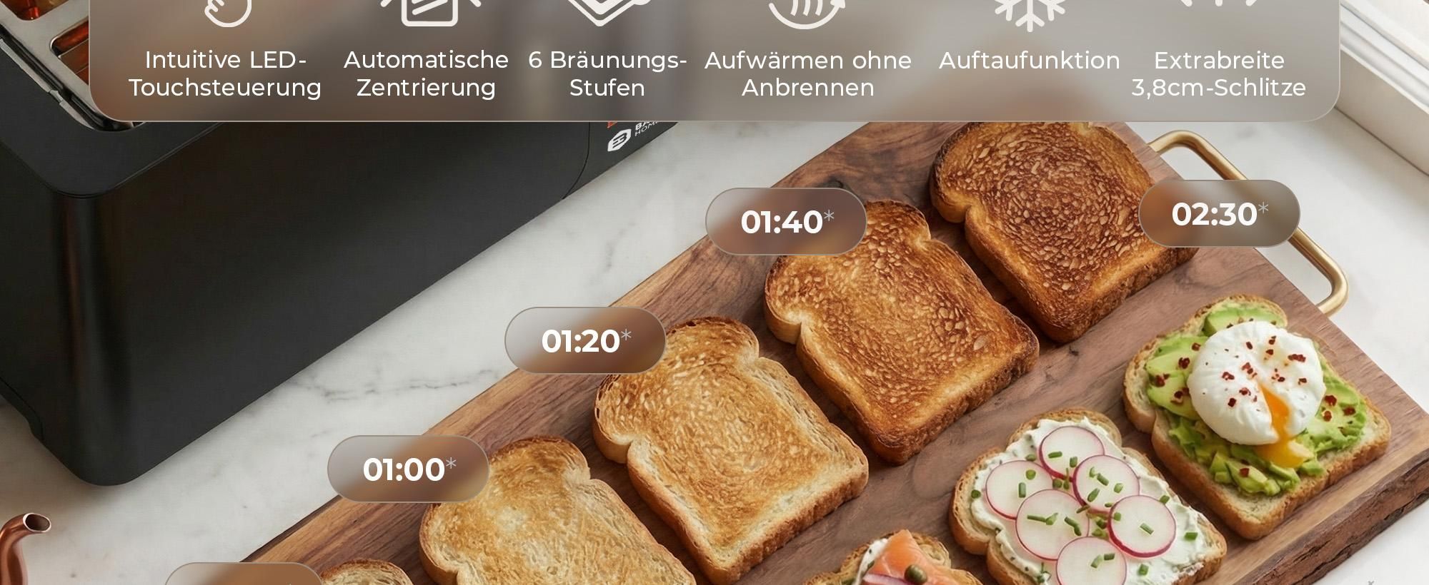 Balter Toaster 4 Scheiben, Edelstahl, Langschlitztoaster mit Brötchenaufsatz, 1500W, LCD Display, Defrost-/Aufwärmfunktion, Krümelschublade, Schwarz