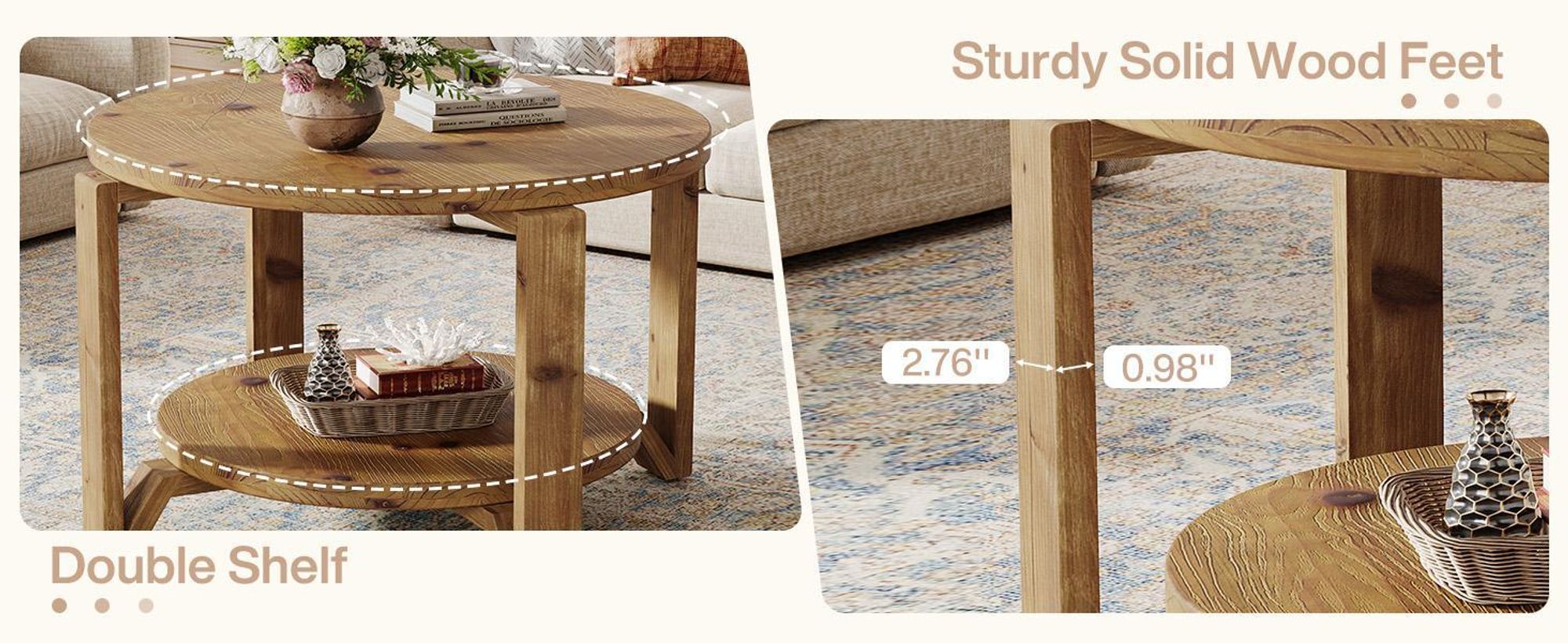 Tavolino rotondo Tribesigns in legno massiccio, 80 cm, due ripiani, soggiorno, stile country, legno massiccio marrone con venature naturali