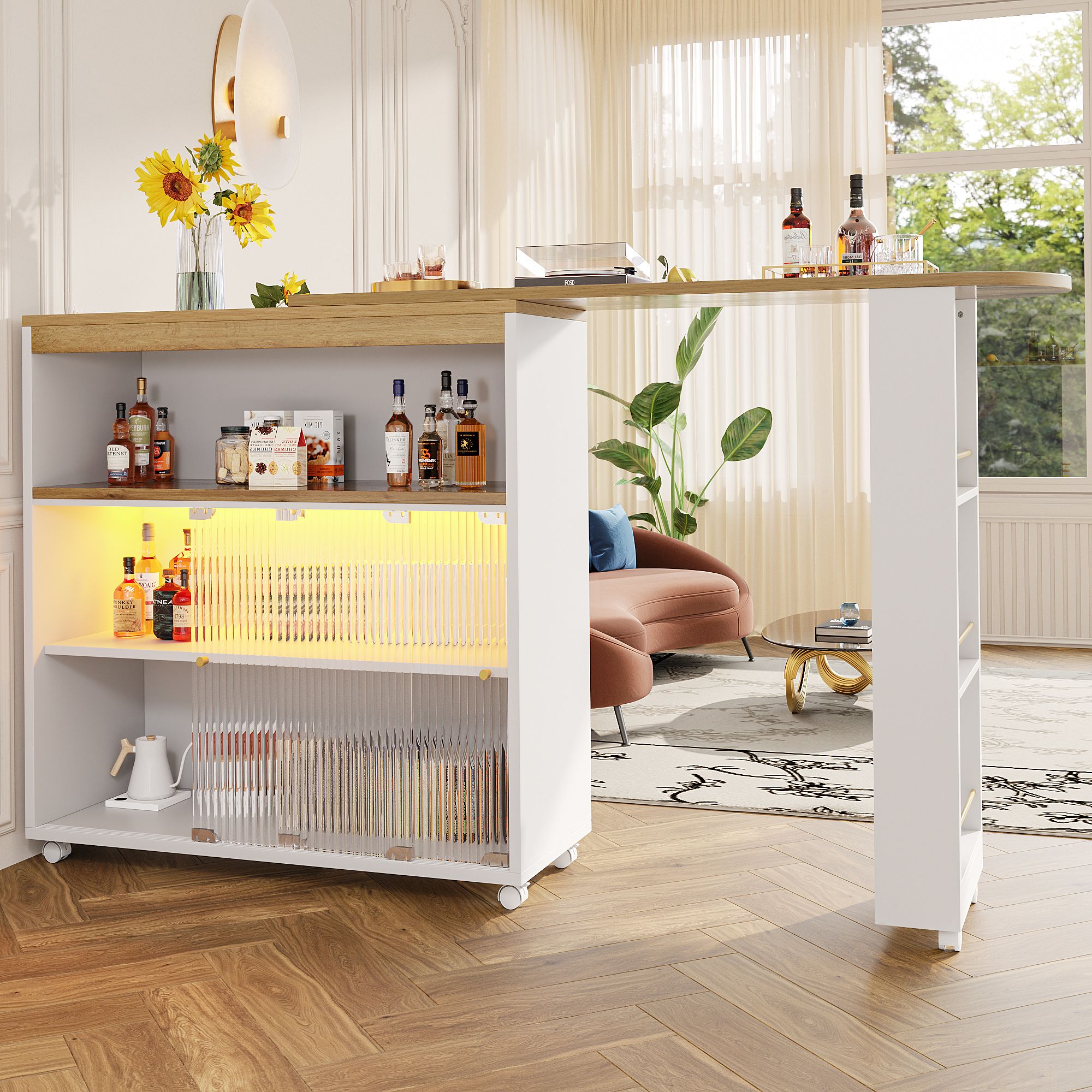 Flieks Ausziehbar Esstische Küchentisch mit Regal und Staufach, Bartisch Stehtisch mit LED, Rechteckig Tisch Kücheninsel 360 ° Drehbar, Weiß