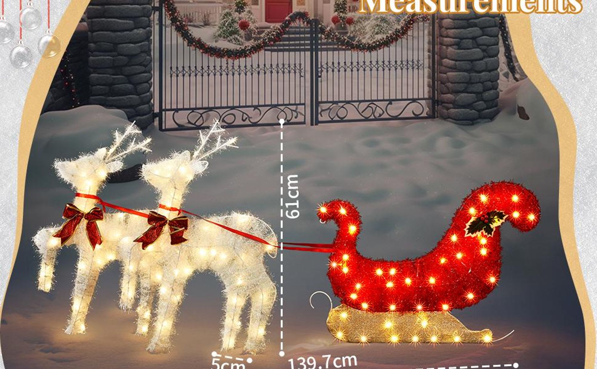 LEADZM 2-teiliges Weihnachtsbeleuchtung Rentier mit Schlitten & 135 warmweißen Lichtern, Weihnachten Deko für Außen und Innen